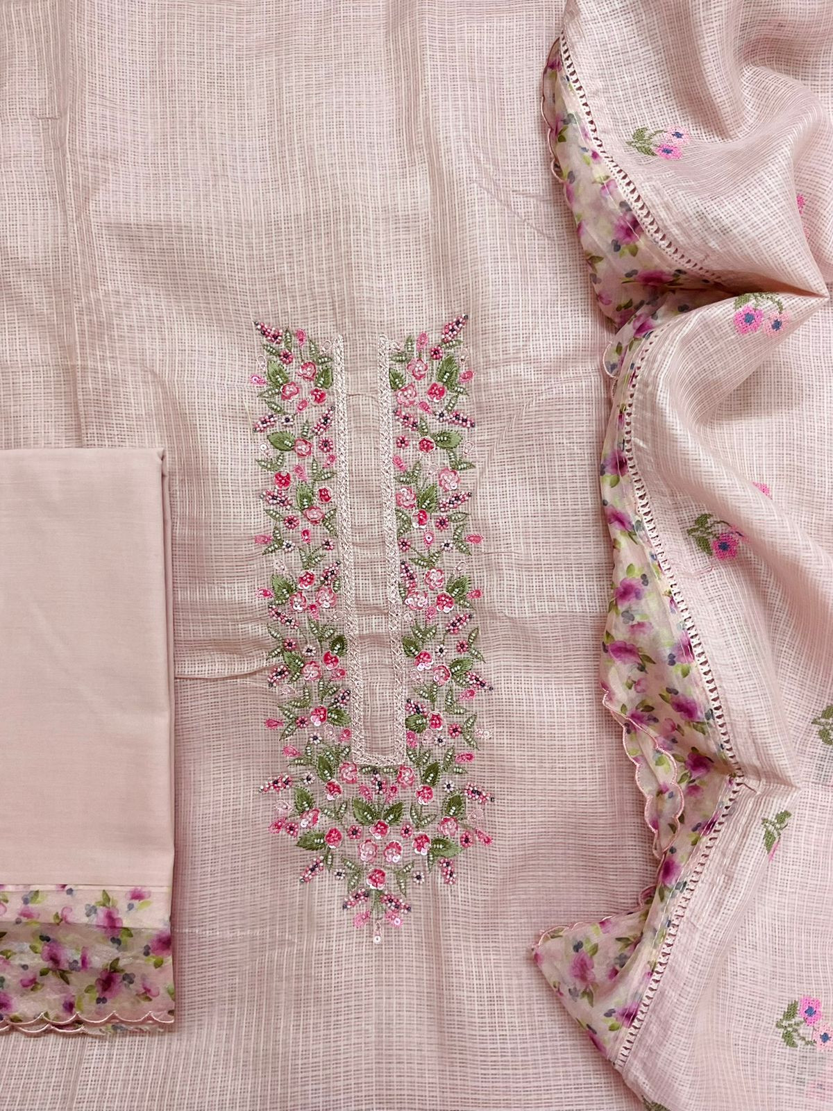 Soft Kota Silk Printed Embroidered Suit - Pink
