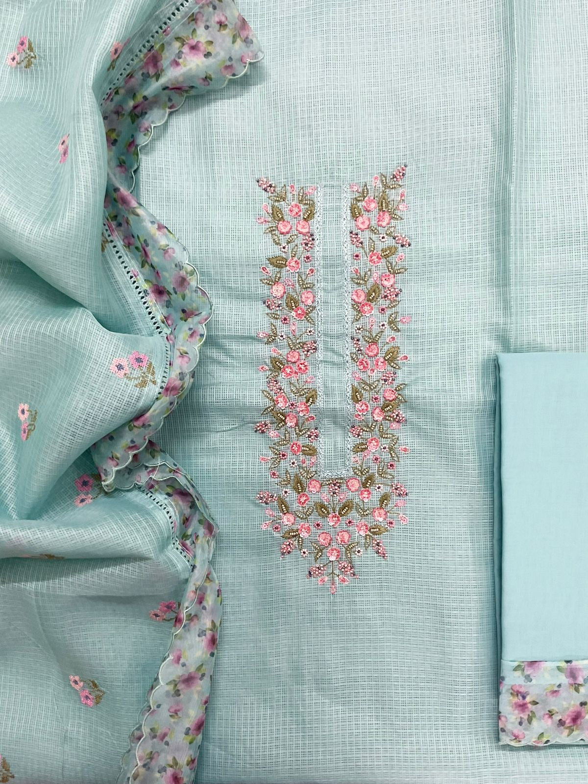 Soft Kota Silk Printed Embroidered Suit - Blue