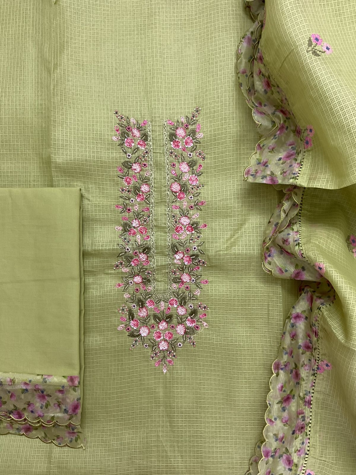 Soft Kota Silk Printed Embroidered Suit - Green