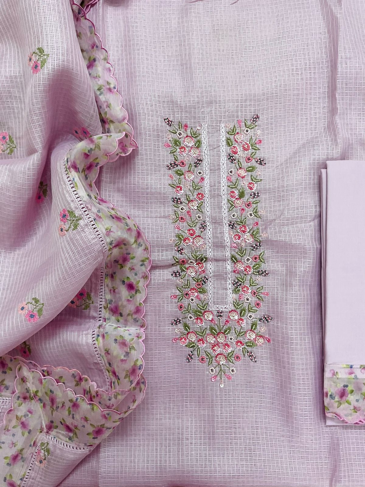 Soft Kota Silk Printed Embroidered Suit - Lavender