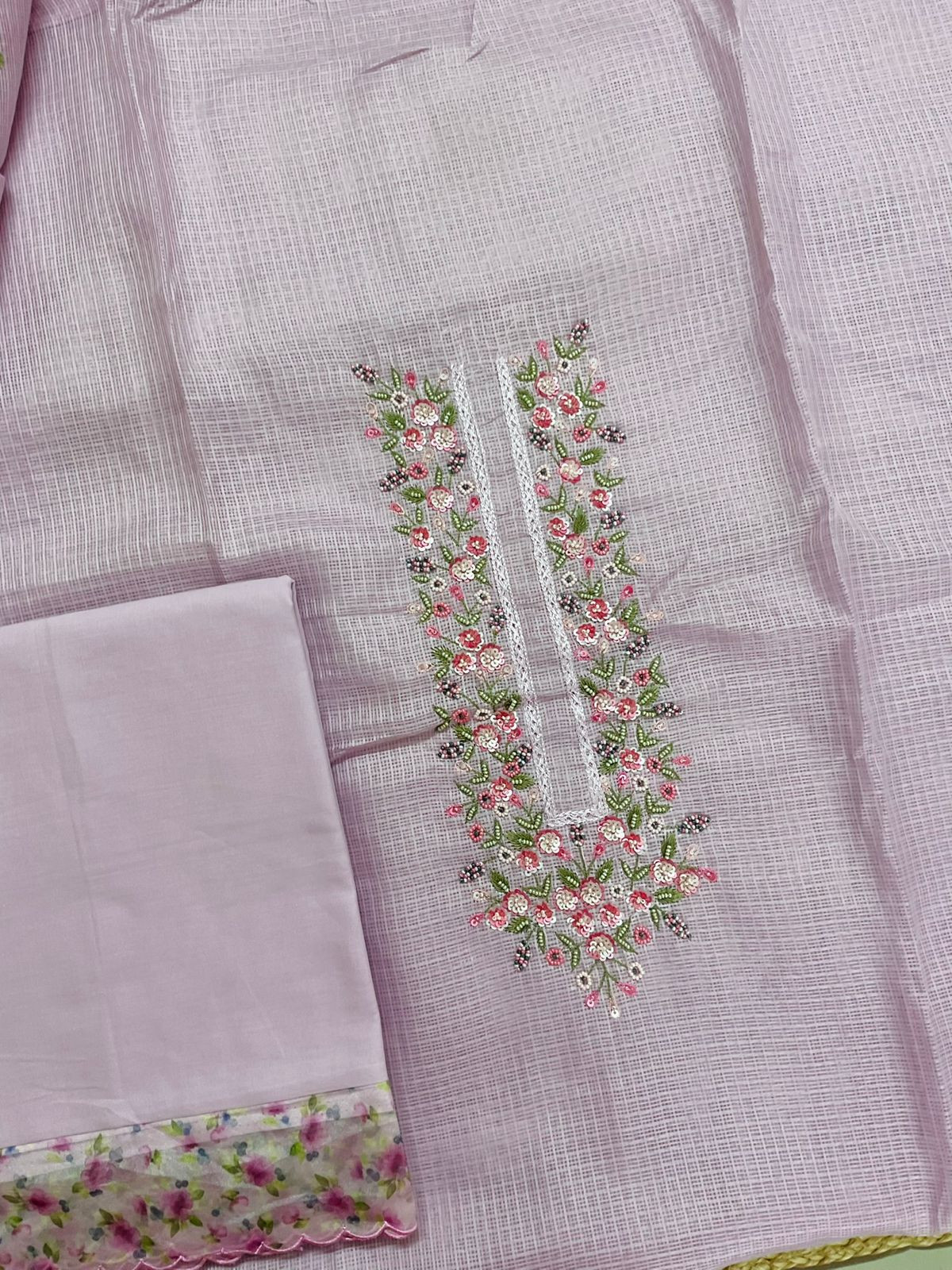Soft Kota Silk Printed Embroidered Suit - Lavender