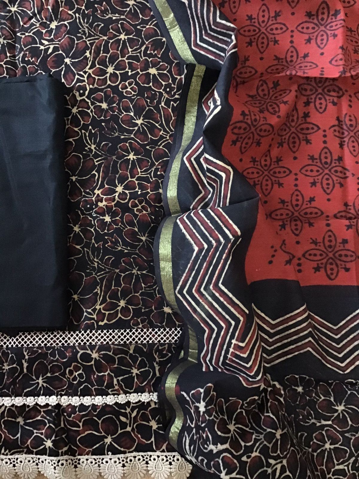 Pure Maheshwari Printed Embroidered Suit - Black