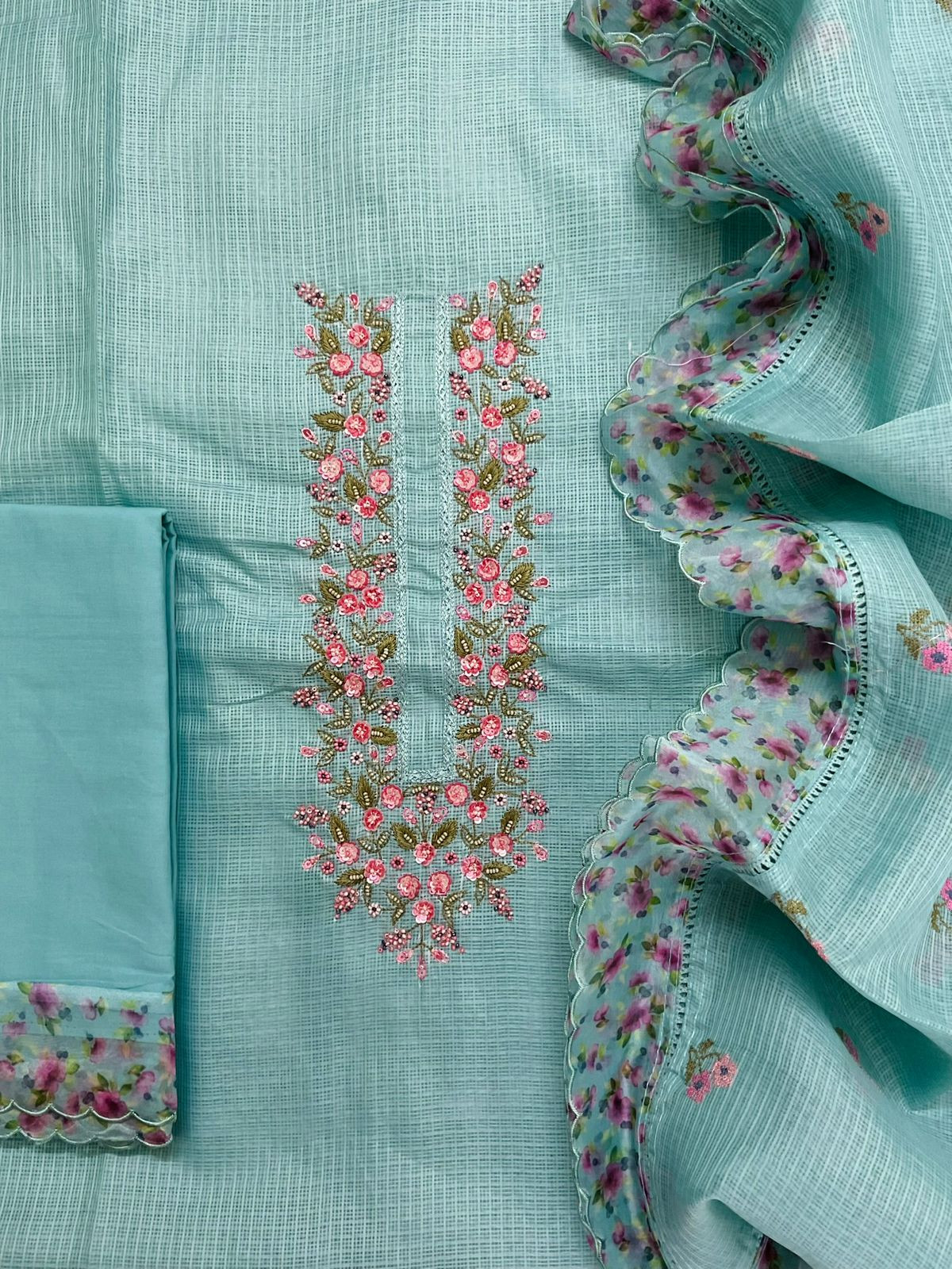 Soft Kota Silk Printed Embroidered Suit - Blue