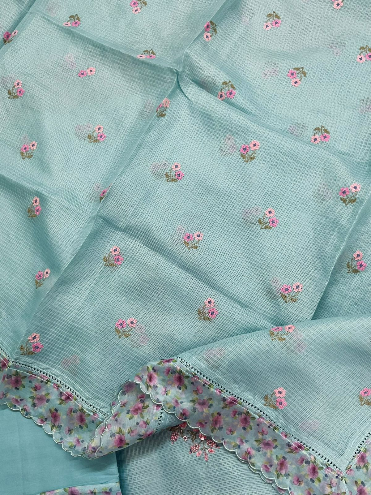 Soft Kota Silk Printed Embroidered Suit - Blue