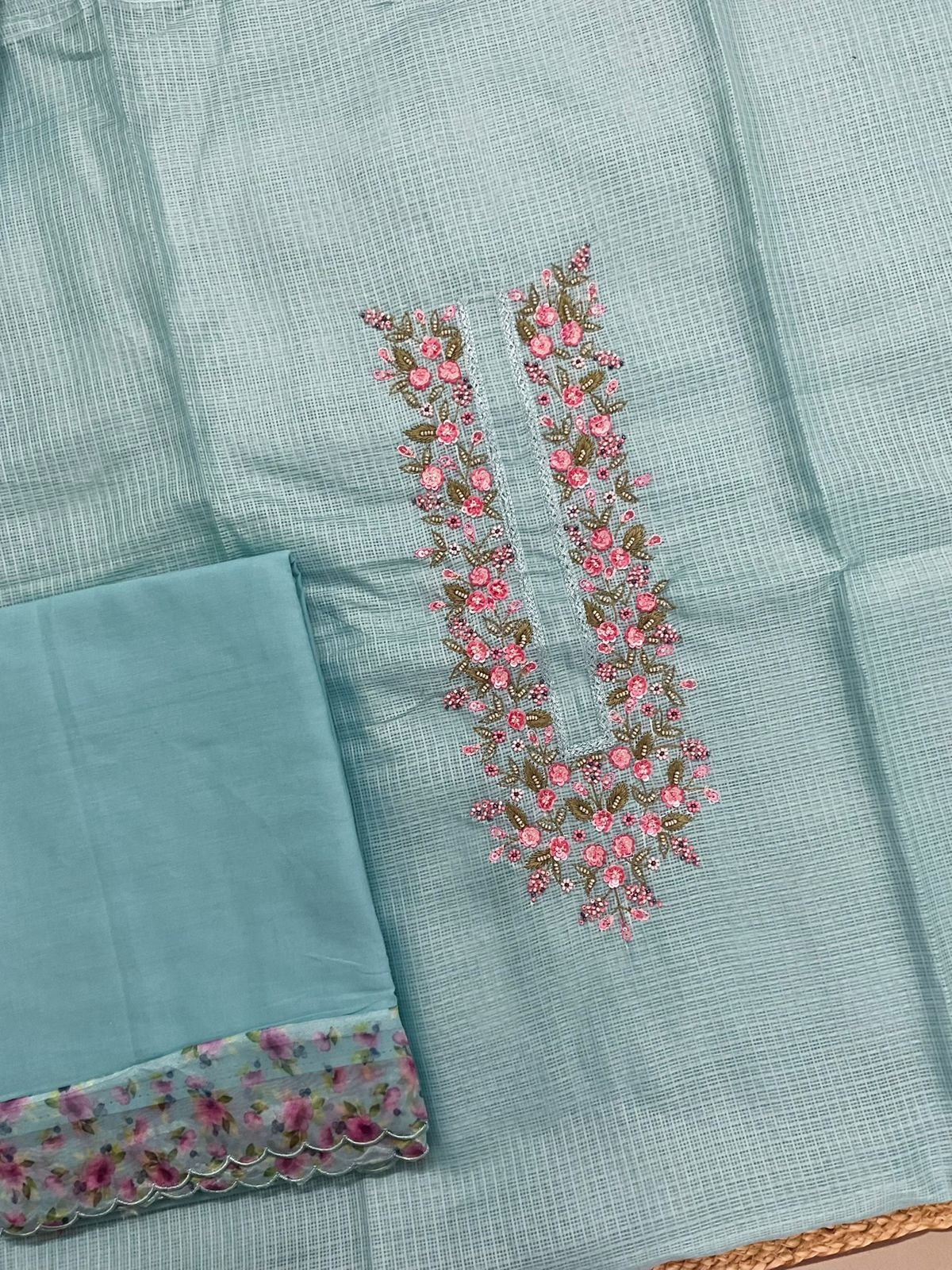 Soft Kota Silk Printed Embroidered Suit - Blue