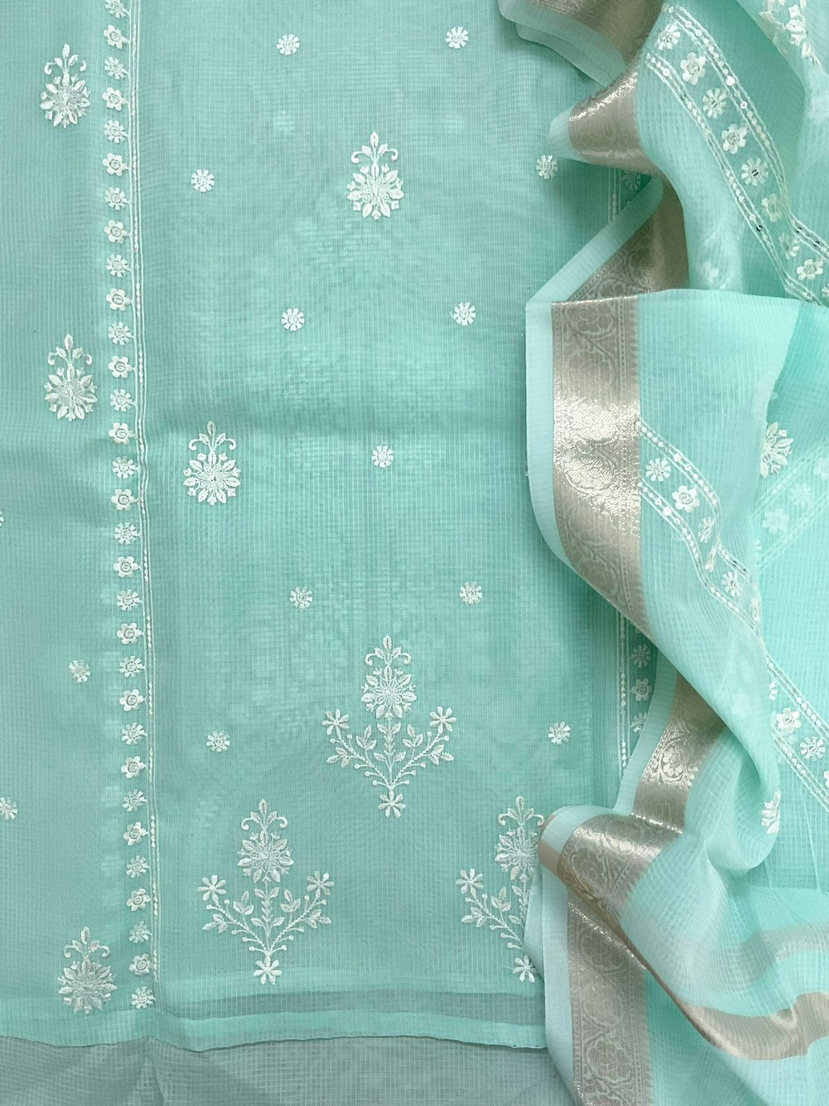 Soft Kota Organza Embroidered Suit - Sea Green