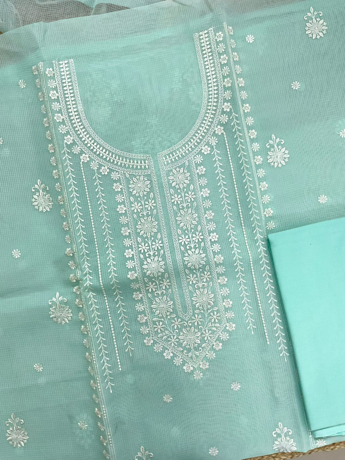 Soft Kota Organza Embroidered Suit - Sea Green