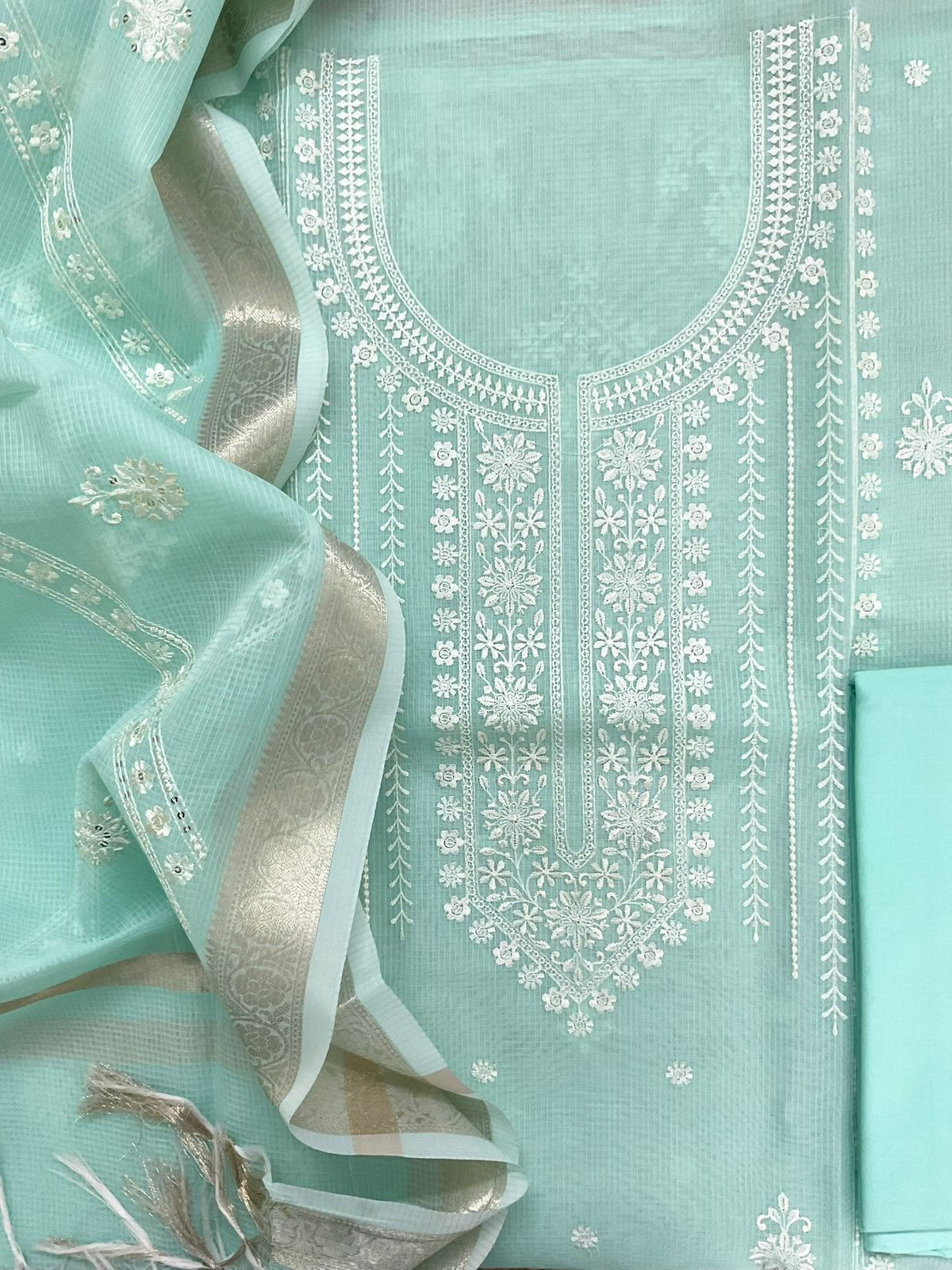 Soft Kota Organza Embroidered Suit - Sea Green