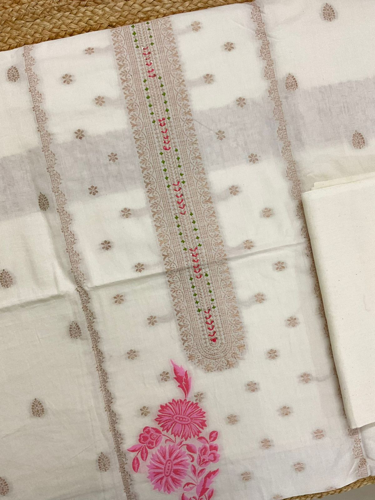 Pure Fine Cotton Silk Banarasi Weaved Embroidered Suit - Off White