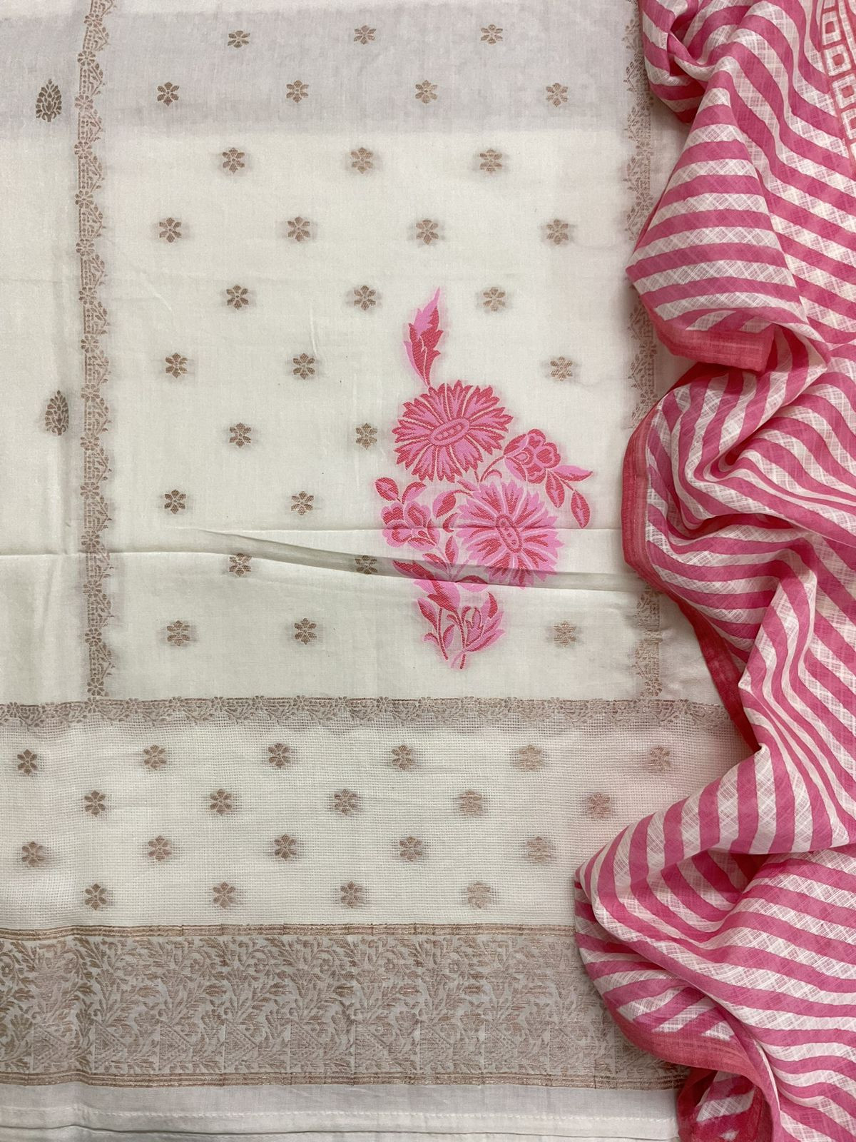 Pure Fine Cotton Silk Banarasi Weaved Embroidered Suit - Off White