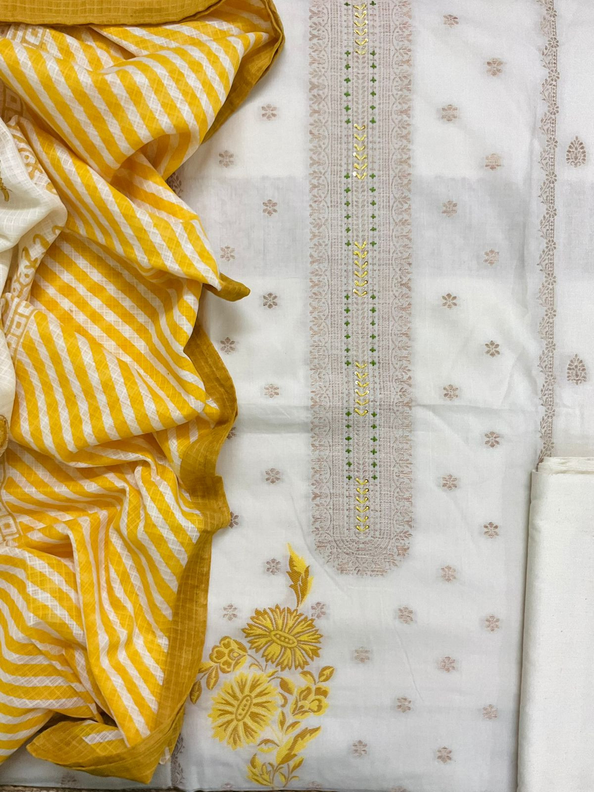 Pure Fine Cotton Silk Banarasi Weaved Embroidered Suit - Off White