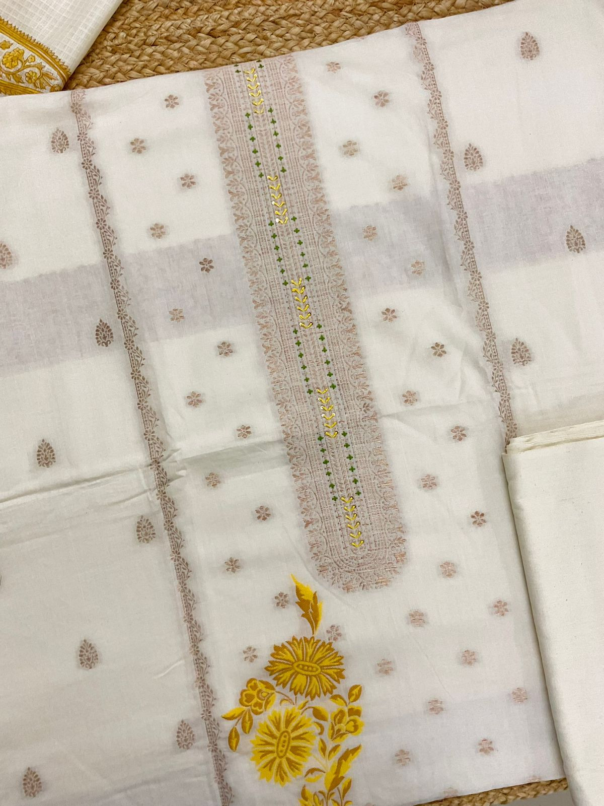 Pure Fine Cotton Silk Banarasi Weaved Embroidered Suit - Off White