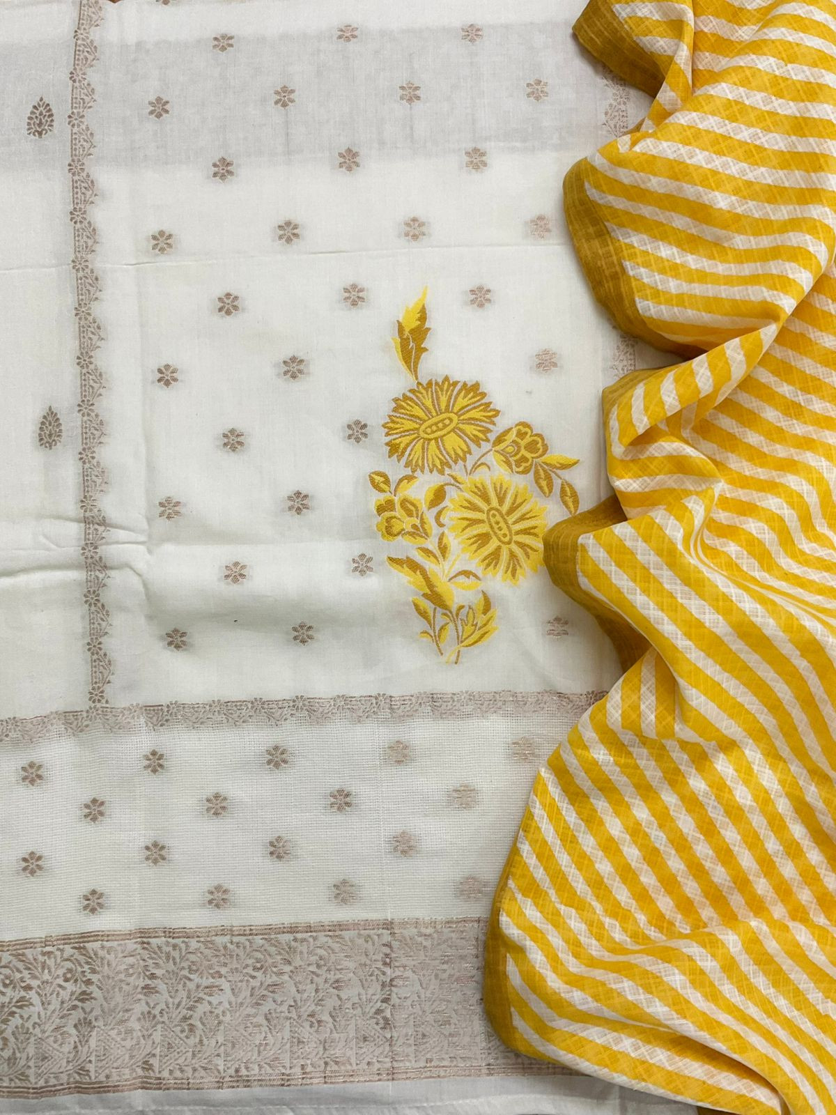 Pure Fine Cotton Silk Banarasi Weaved Embroidered Suit - Off White