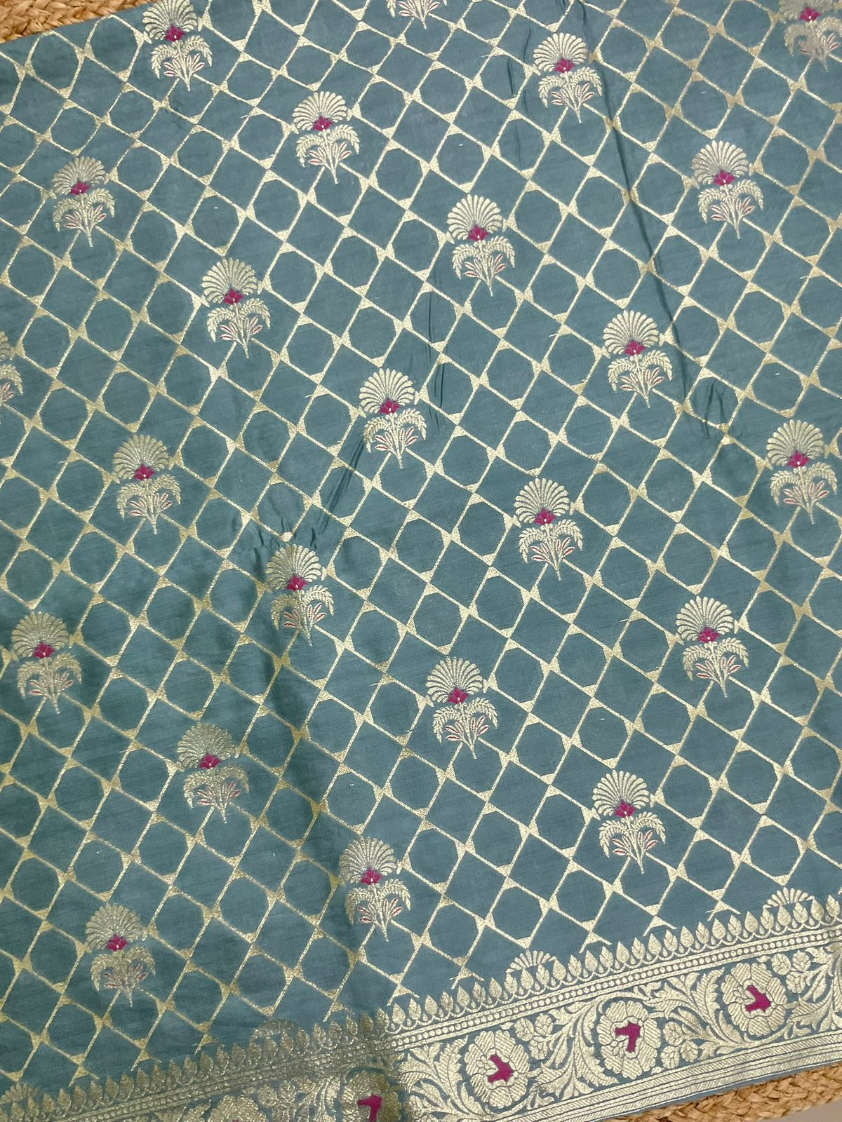 Pure Chanderi Silk Banarasi Weaved Suit - Bluish Grey