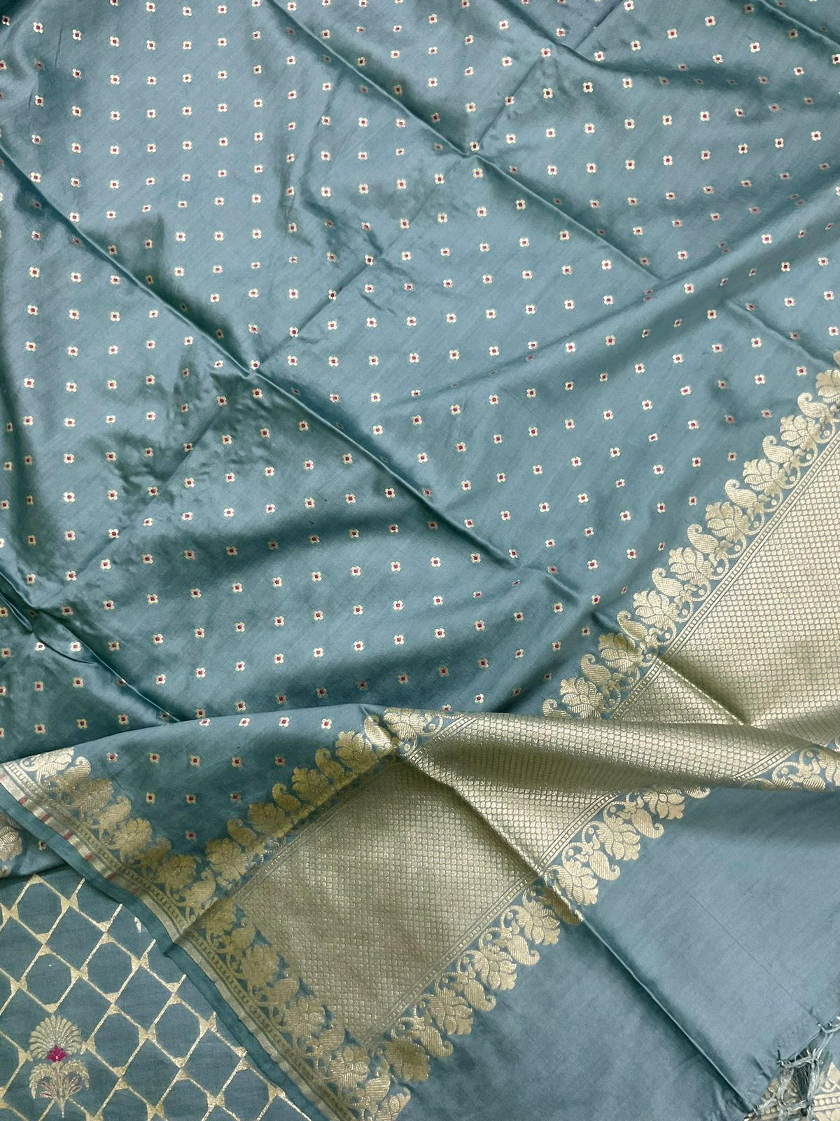 Pure Chanderi Silk Banarasi Weaved Suit - Bluish Grey