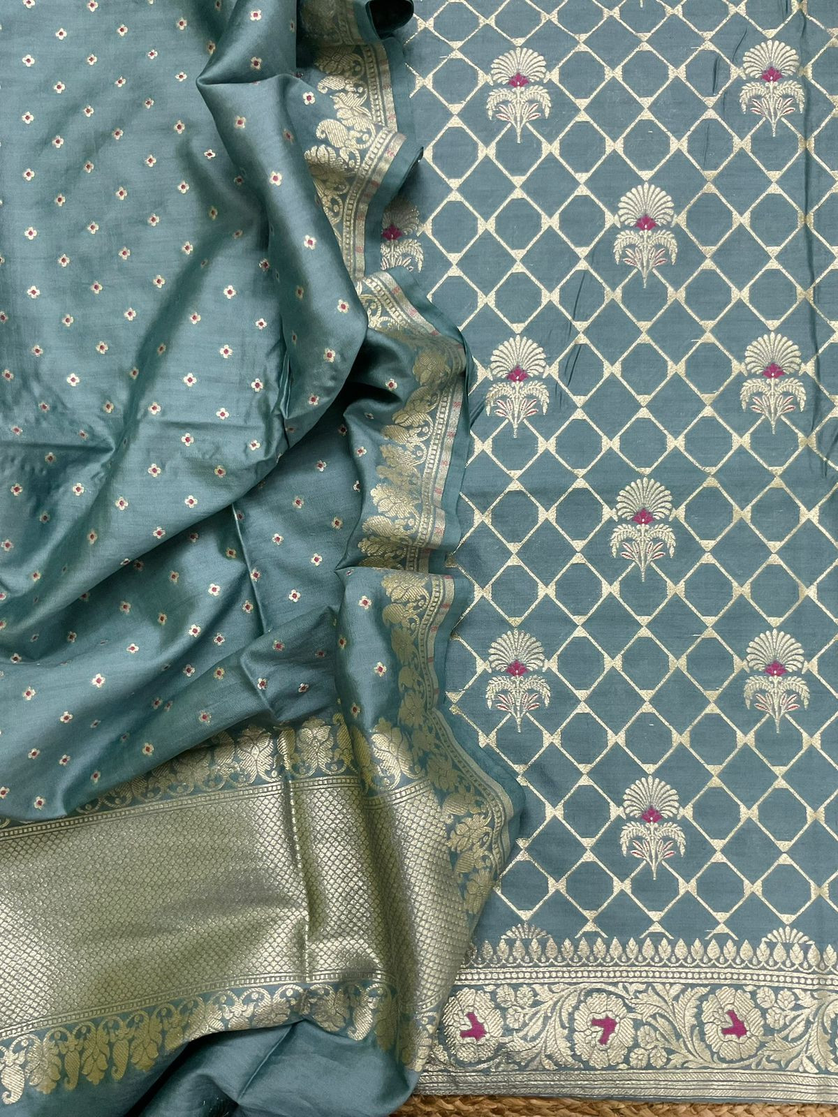 Pure Chanderi Silk Banarasi Weaved Suit - Bluish Grey