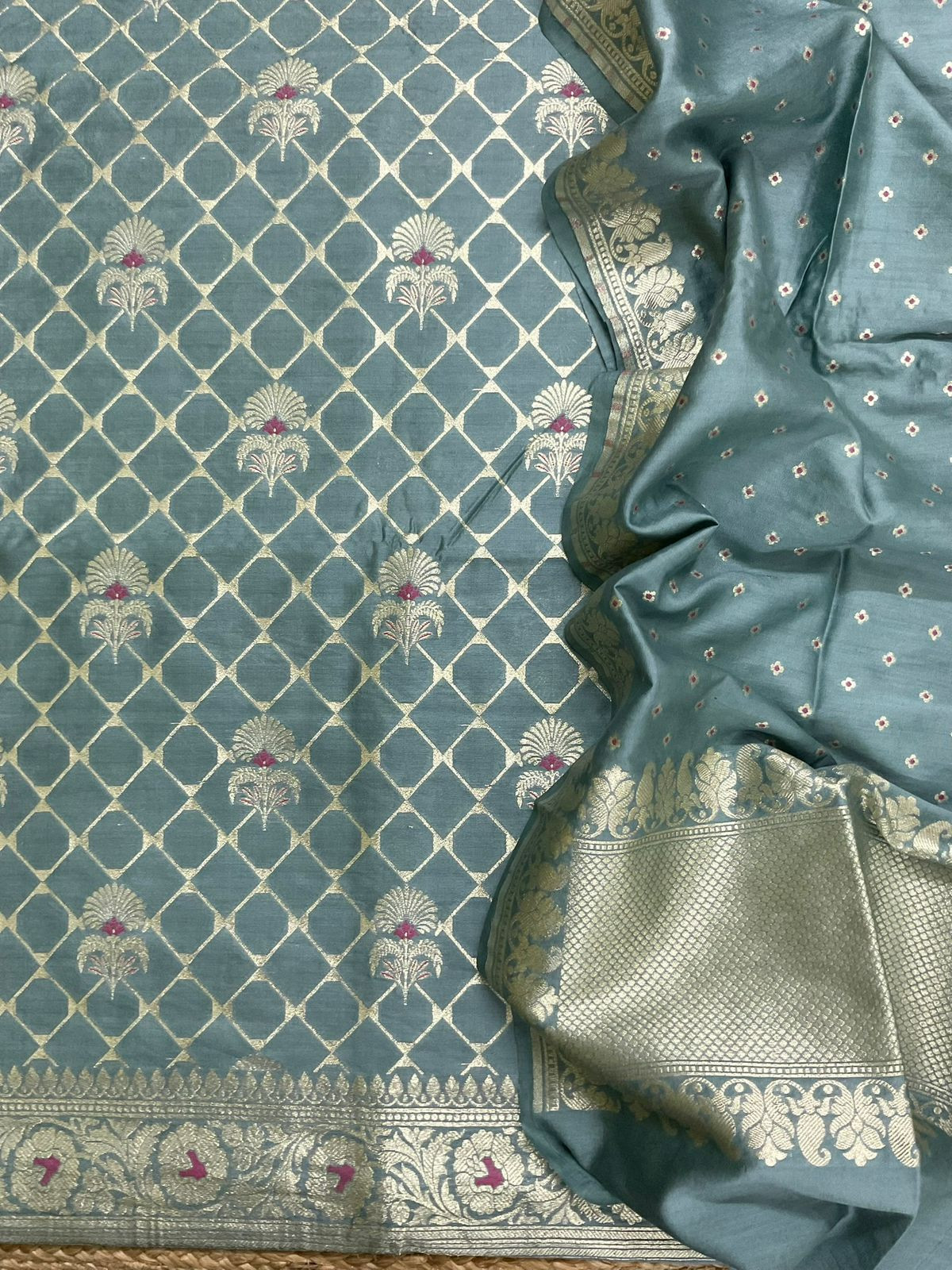 Pure Chanderi Silk Banarasi Weaved Suit - Bluish Grey