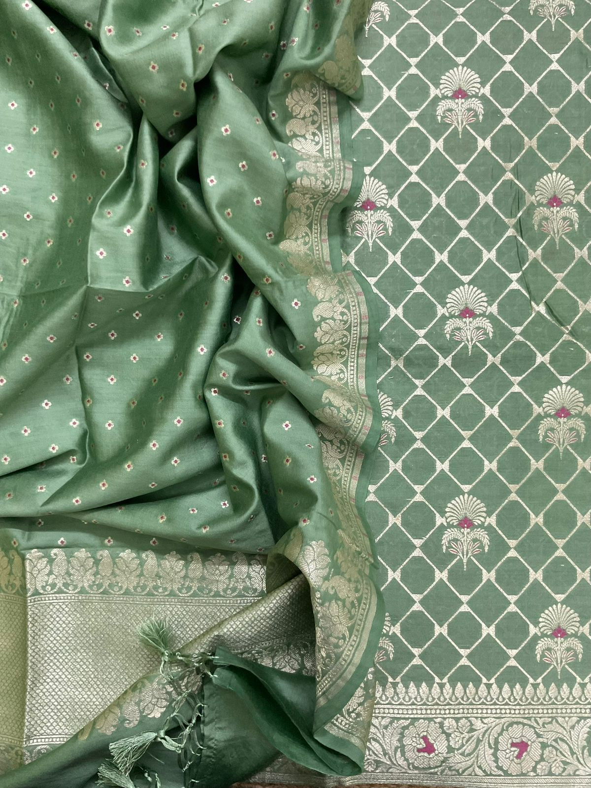 Pure Chanderi Silk Banarasi Weaved Suit - Green