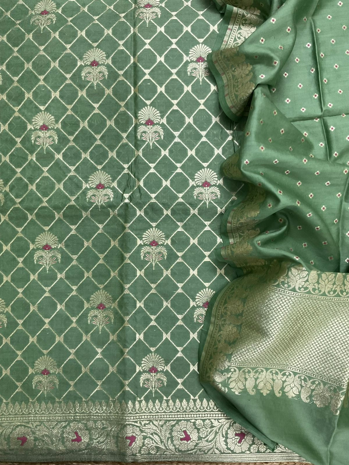 Pure Chanderi Silk Banarasi Weaved Suit - Green