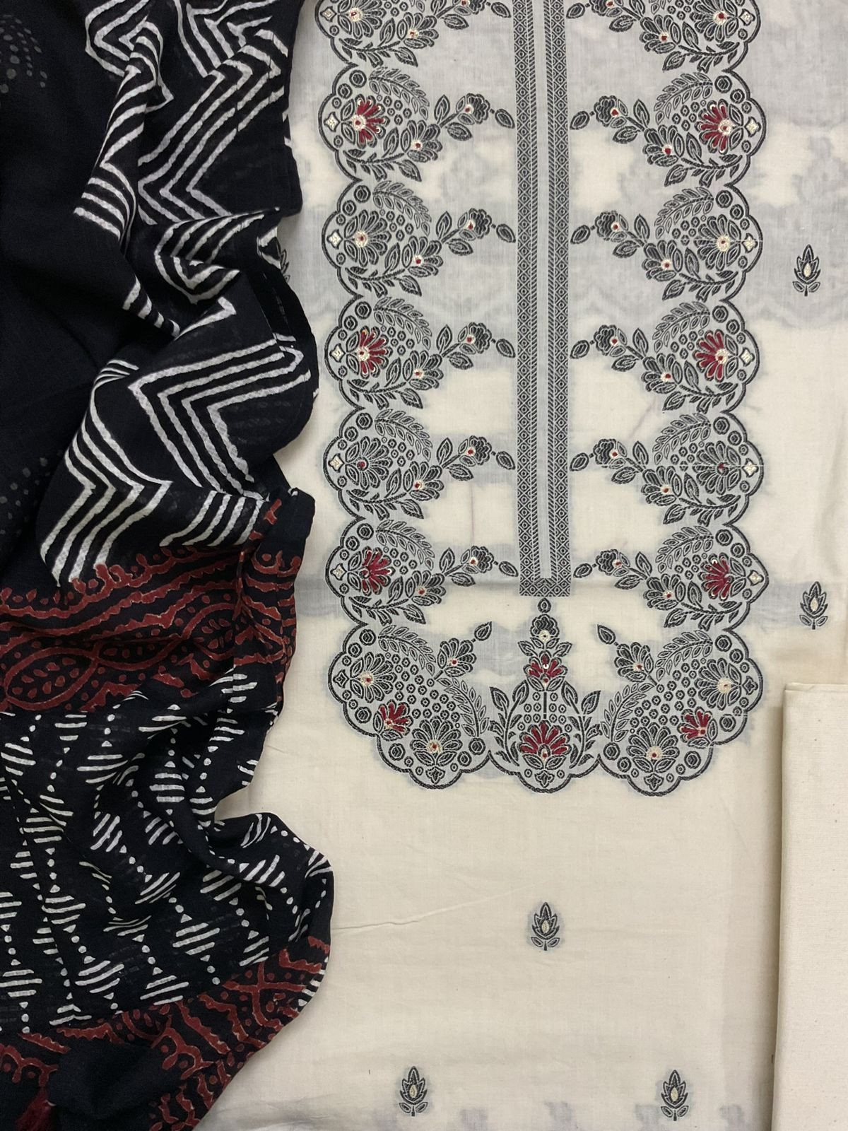 Pure Fine Cotton Silk Banarasi Weaved Embroidered Suit - Off White