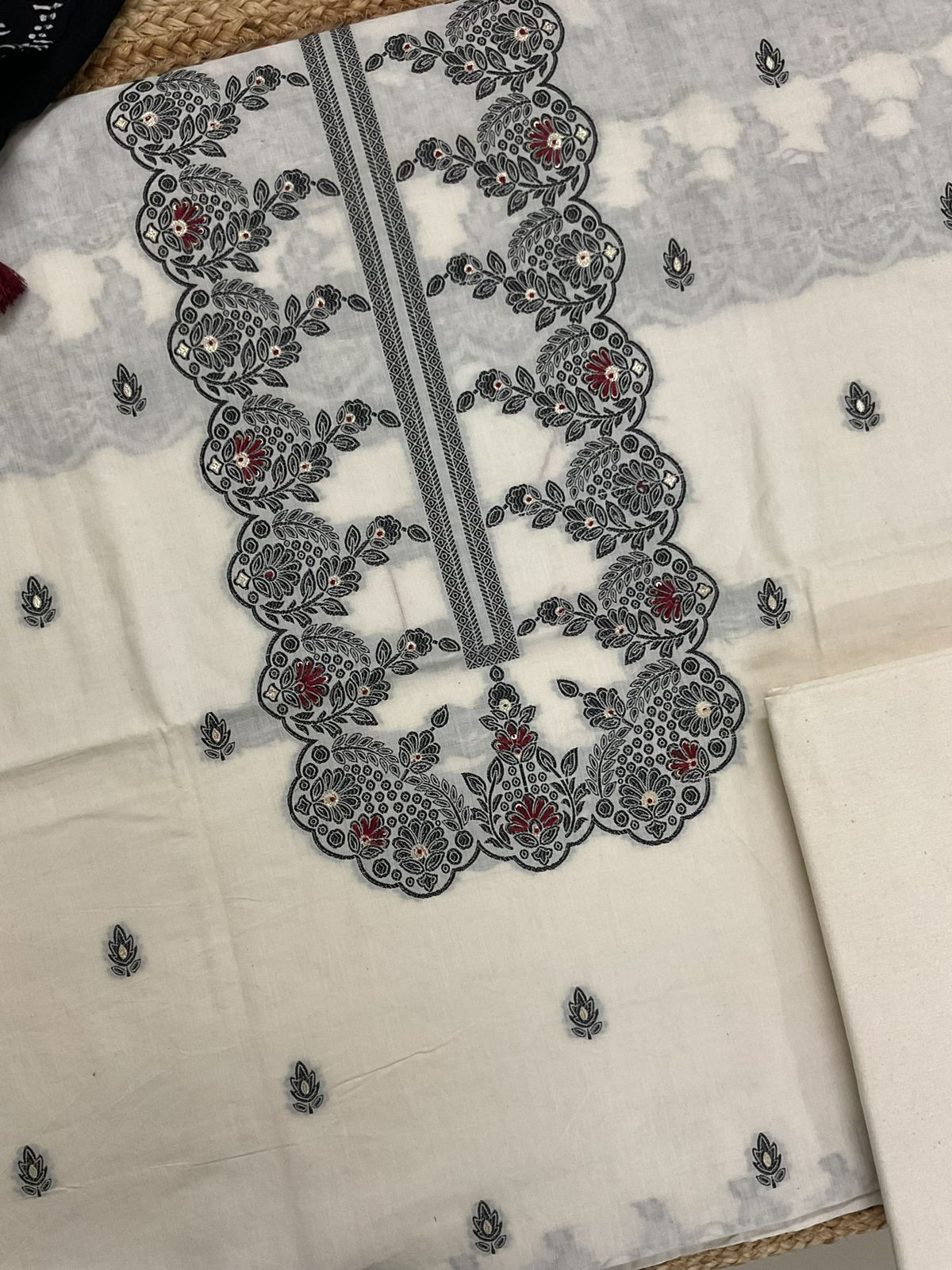 Pure Fine Cotton Silk Banarasi Weaved Embroidered Suit - Off White