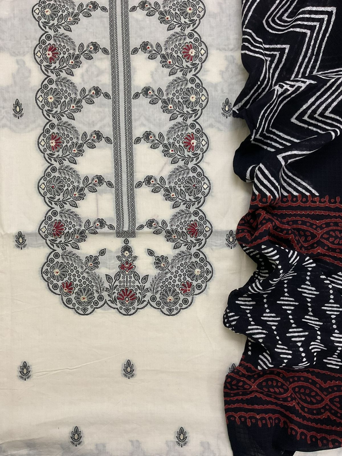 Pure Fine Cotton Silk Banarasi Weaved Embroidered Suit - Off White