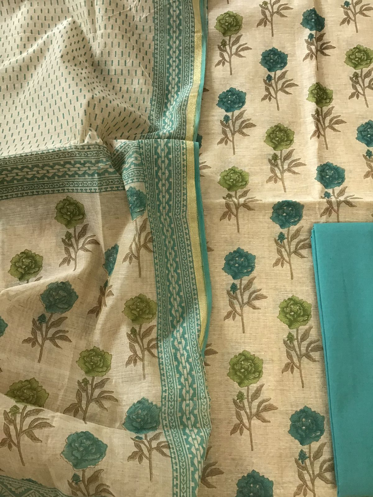 Soft Fine Slub Chanderi Printed Suit - Beige