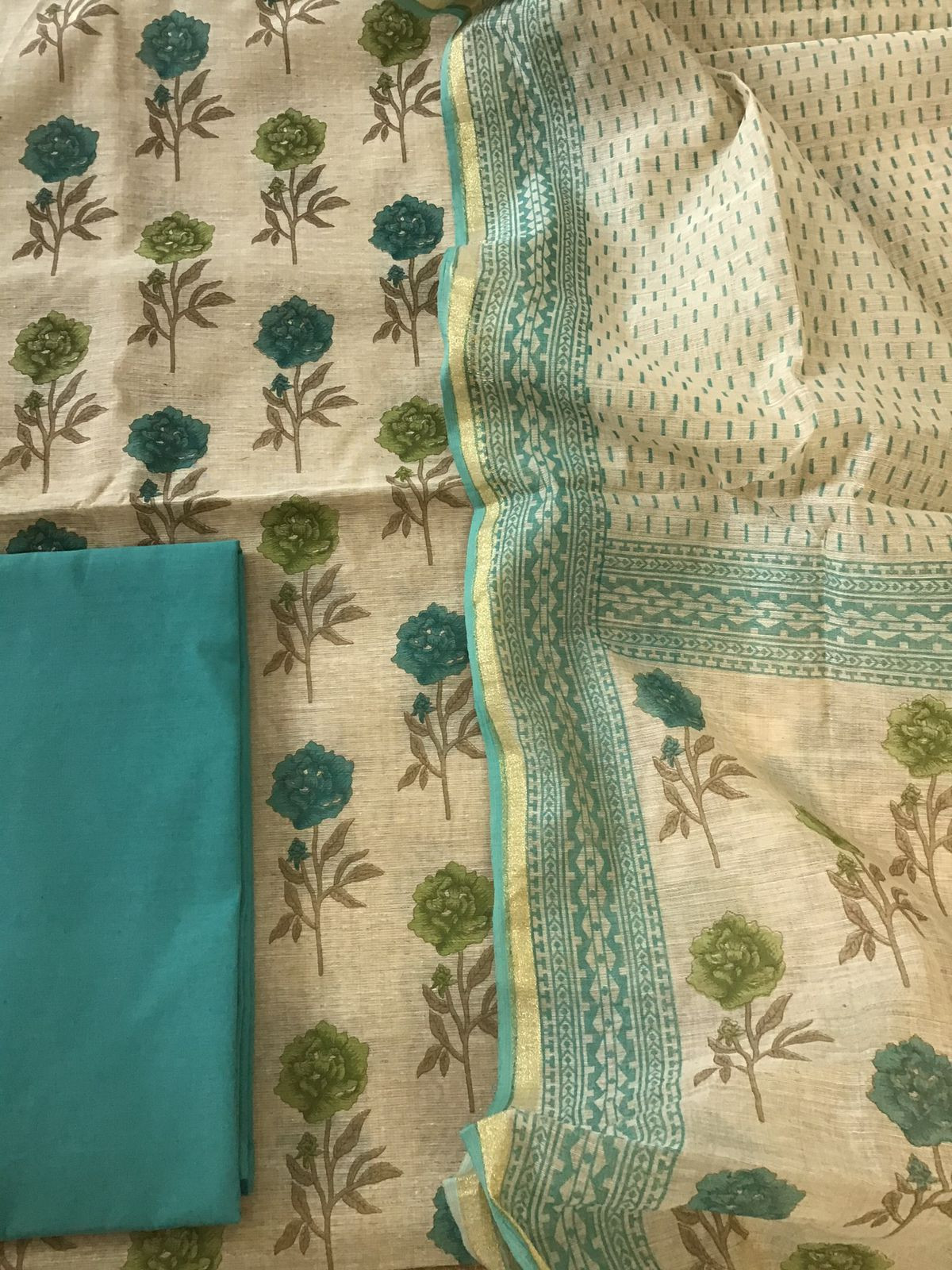 Soft Fine Slub Chanderi Printed Suit - Beige