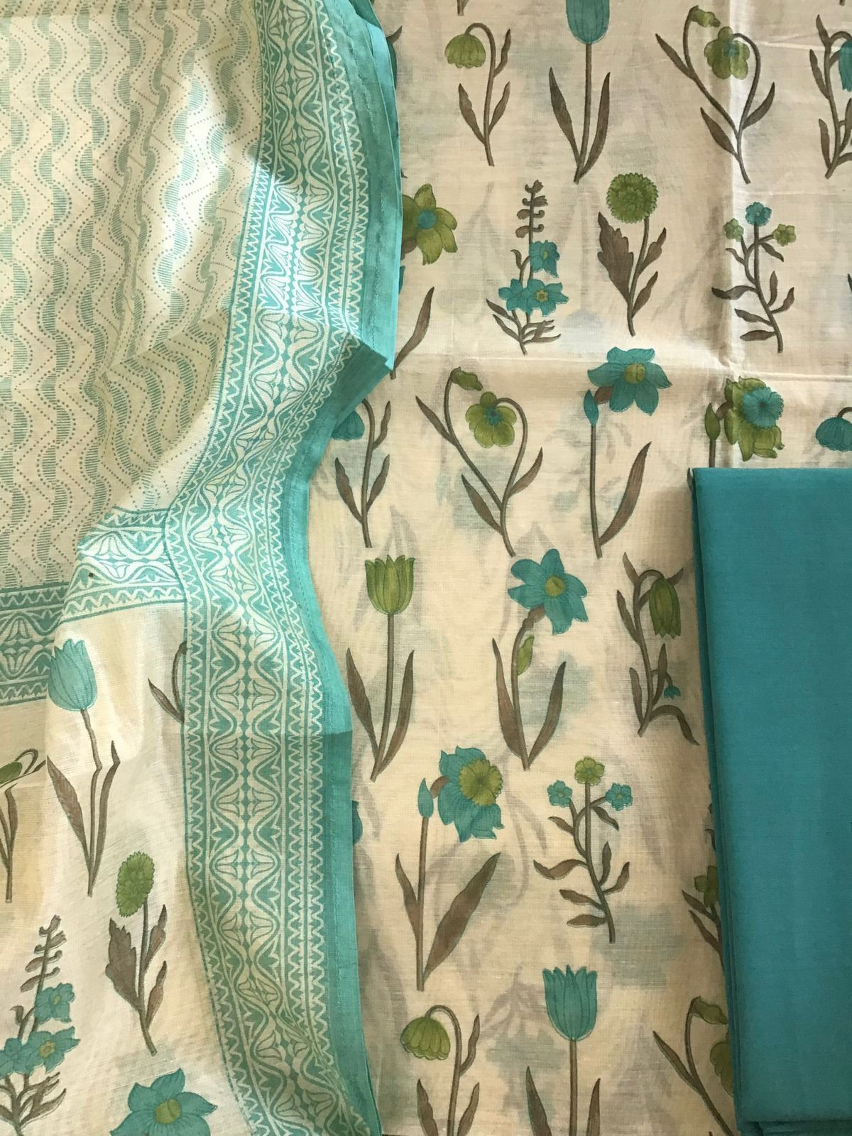 Soft Fine Slub Chanderi Printed Suit - Beige