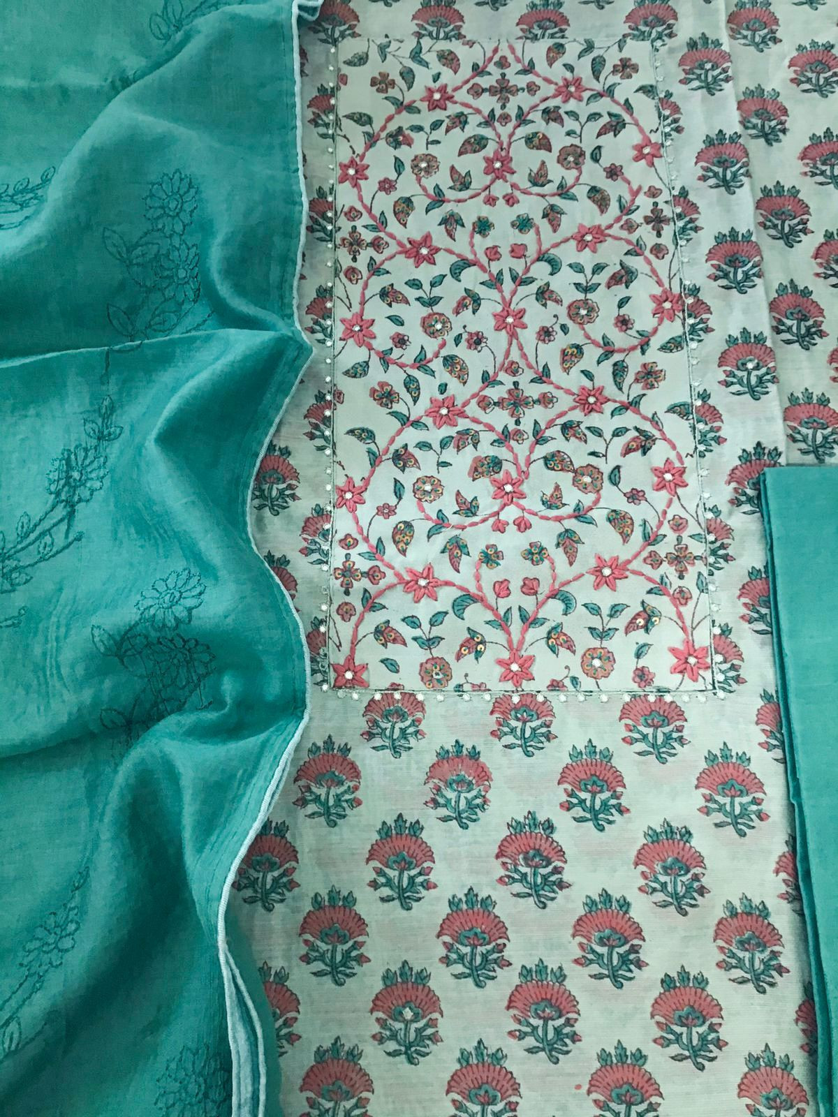 Soft Chanderi Printed Embroidered Suit - Sea Green