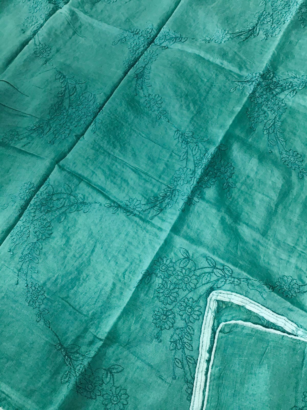 Soft Chanderi Printed Embroidered Suit - Sea Green