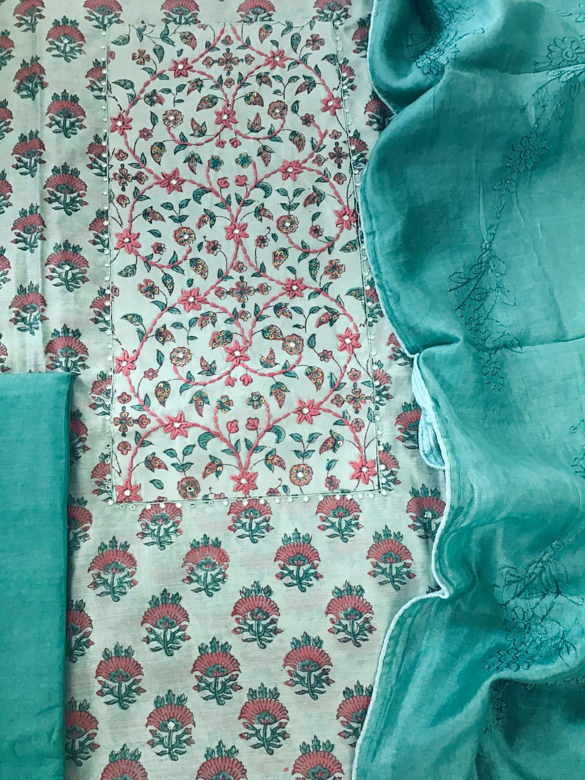 Soft Chanderi Printed Embroidered Suit - Sea Green