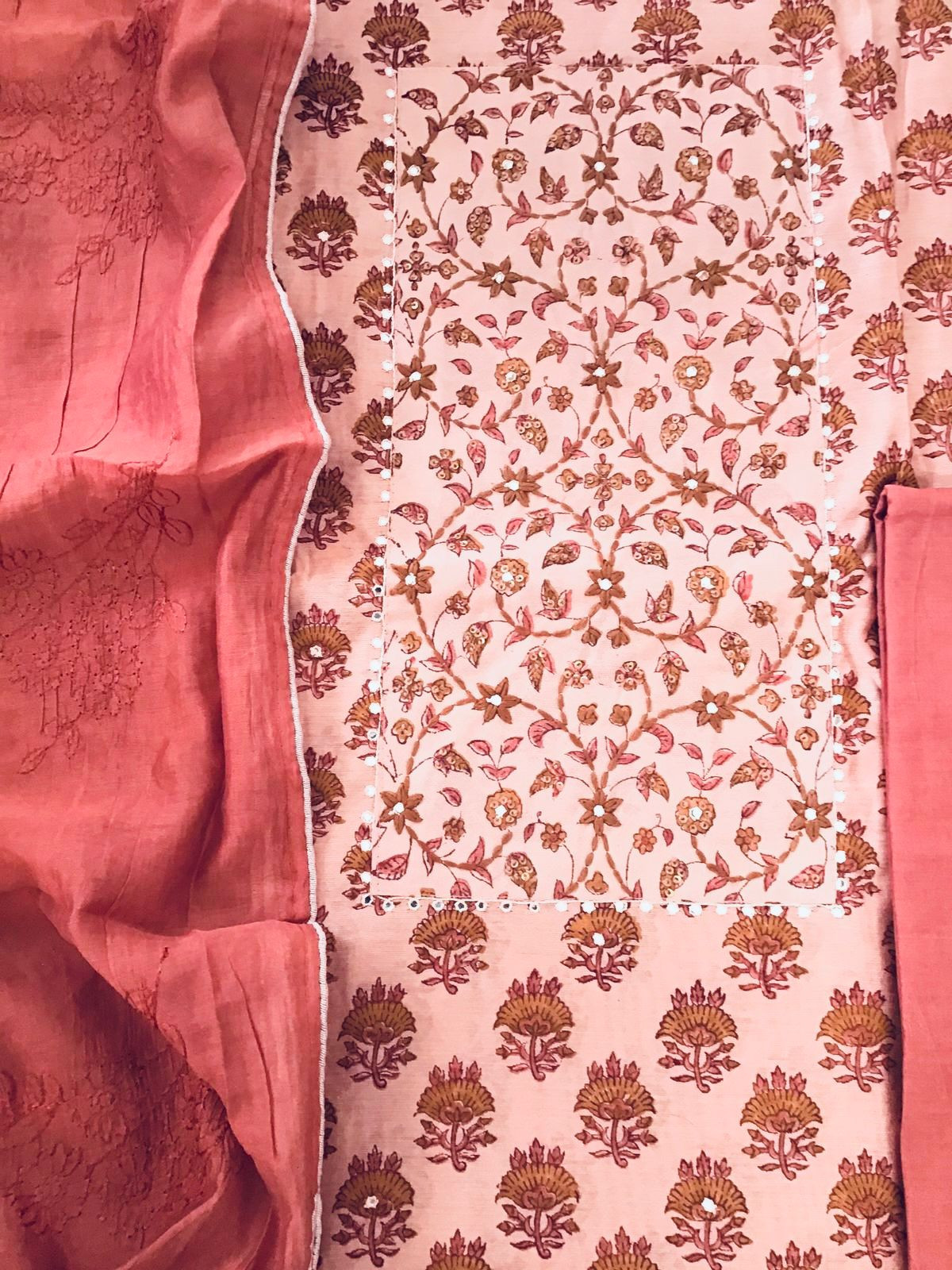 Soft Chanderi Printed Embroidered Suit - Peach