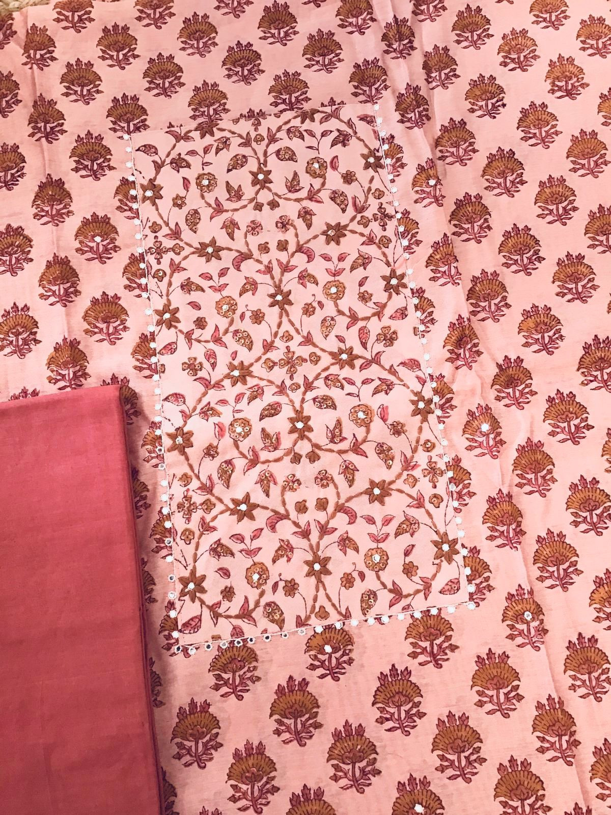 Soft Chanderi Printed Embroidered Suit - Peach