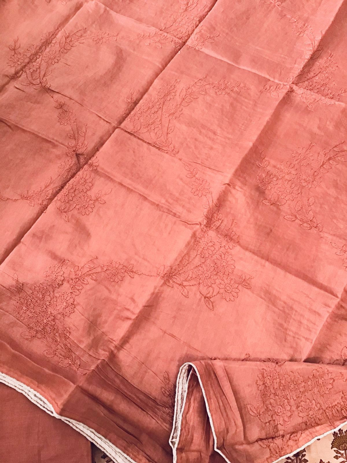 Soft Chanderi Printed Embroidered Suit - Peach