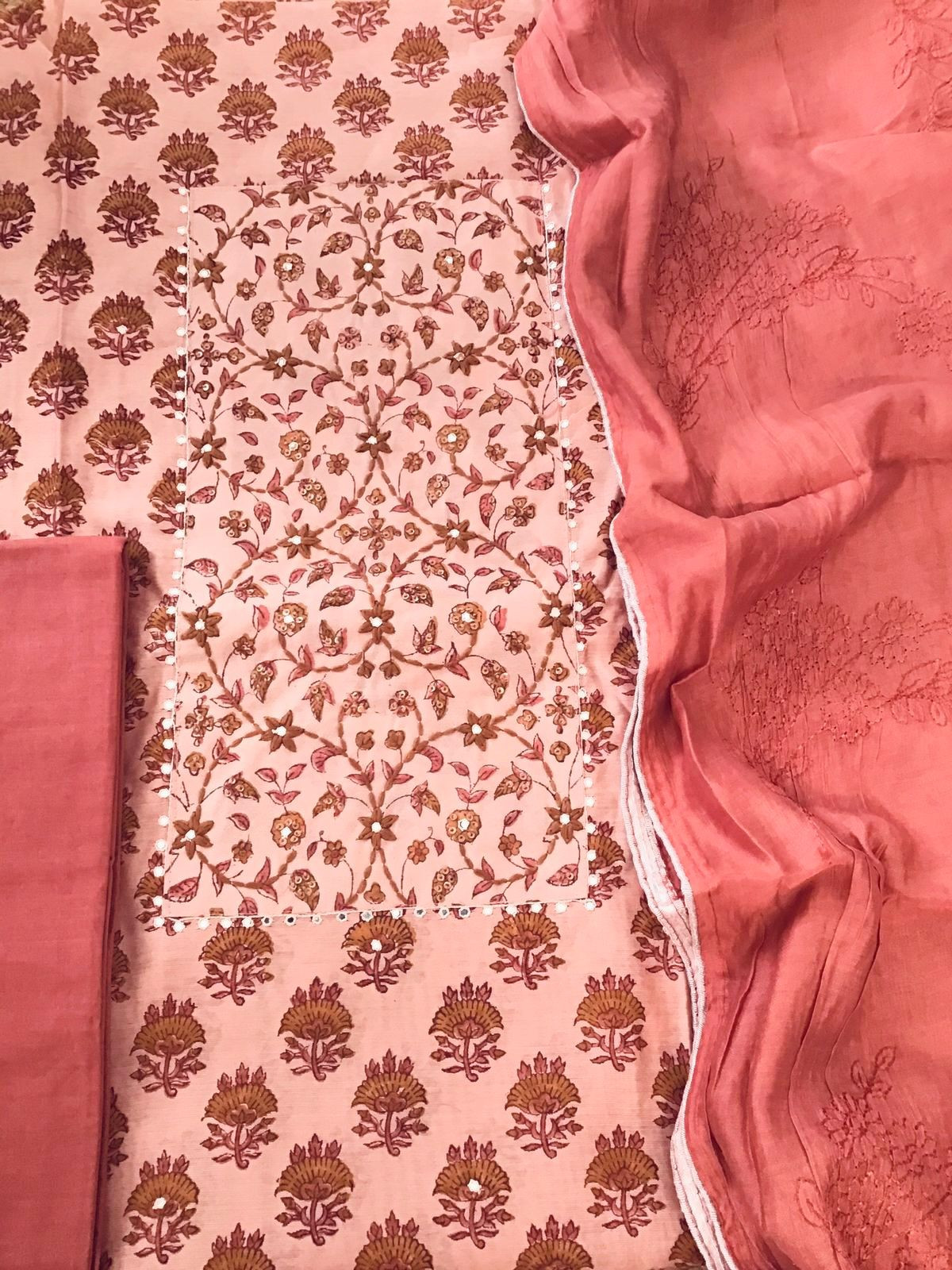 Soft Chanderi Printed Embroidered Suit - Peach