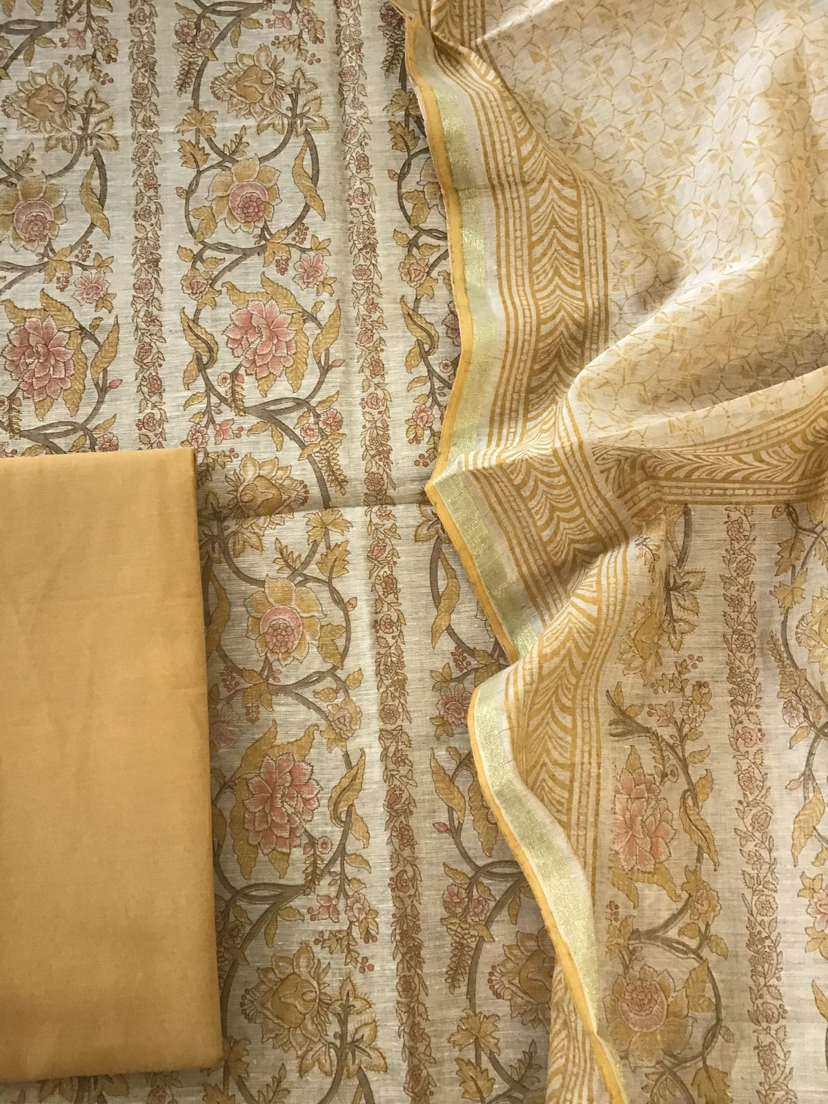 Soft Fine Slub Chanderi Printed Suit - Beige