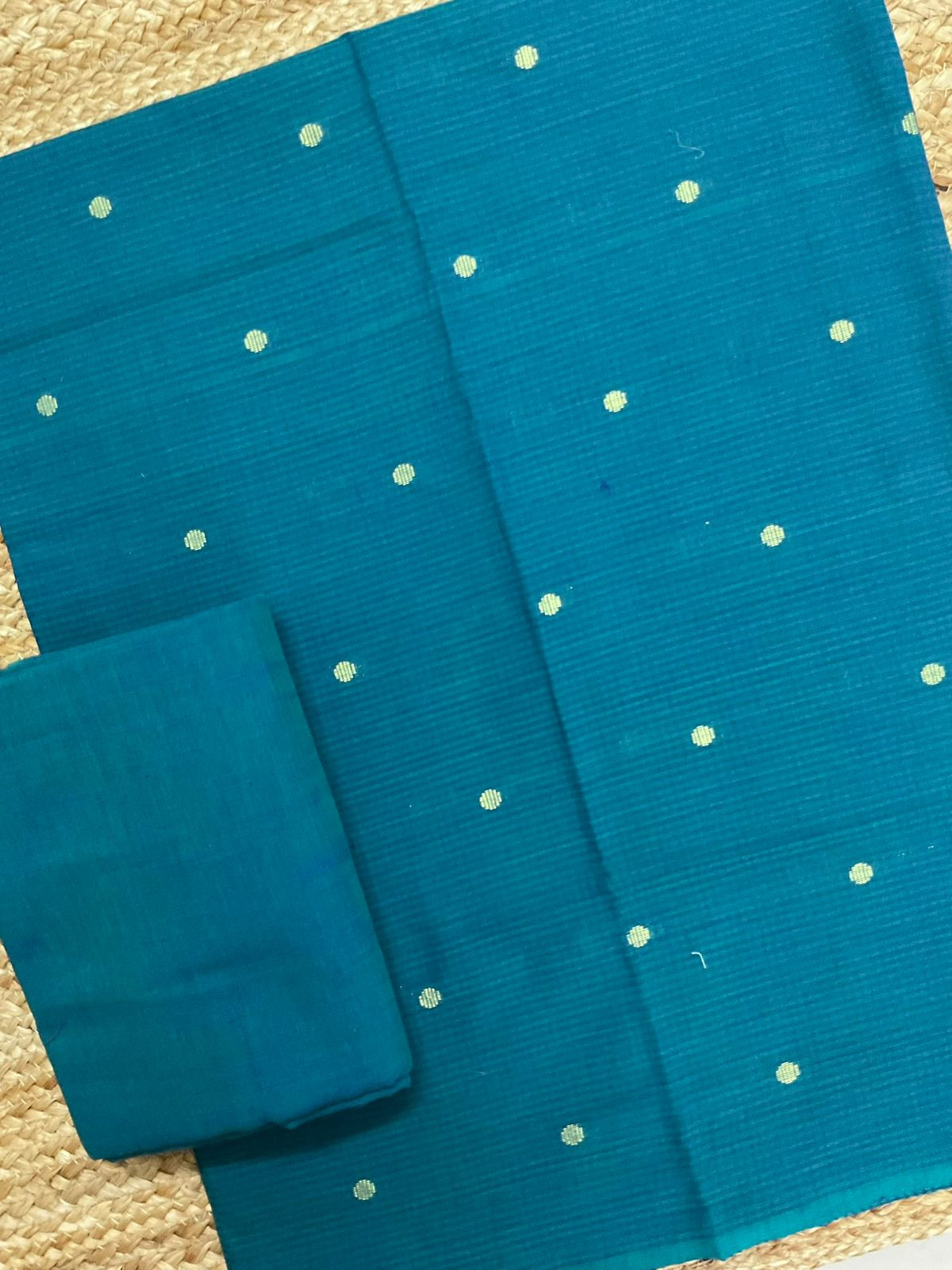 Pure Handloom Cotton Self Weaved Suit - Peacock Blue
