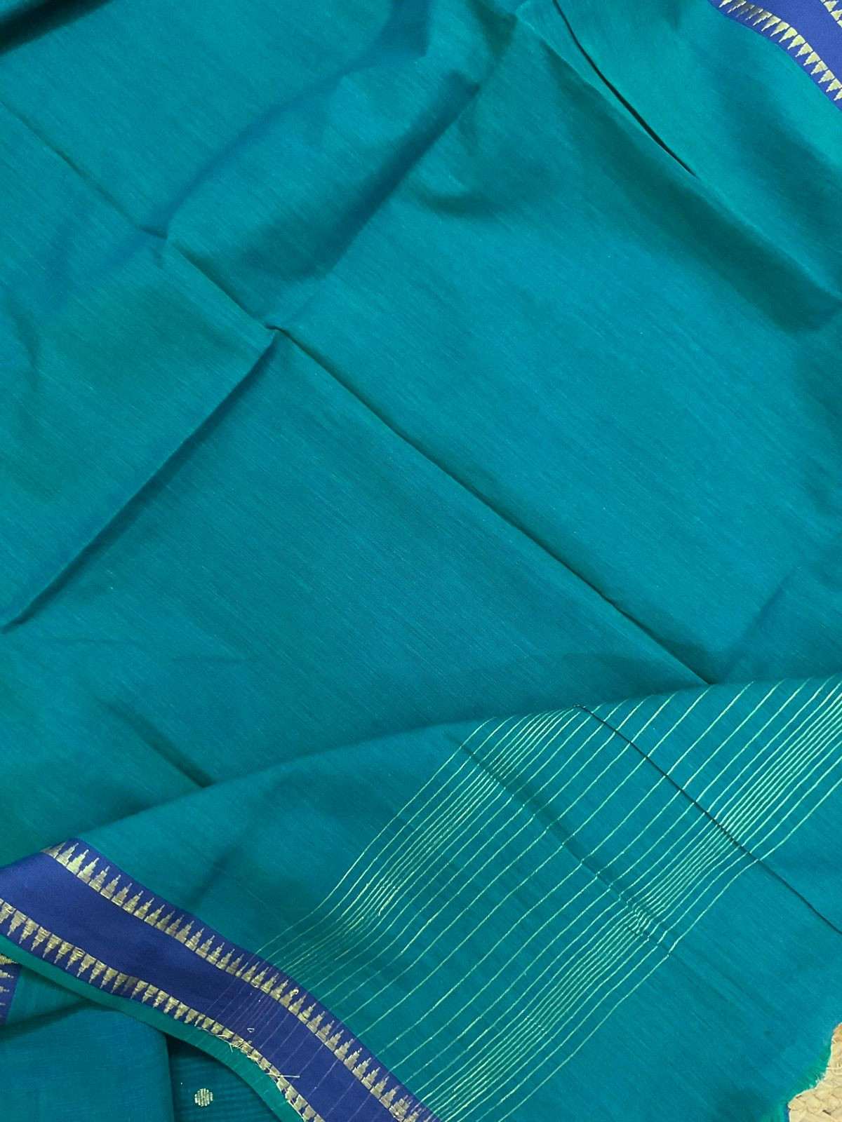 Pure Handloom Cotton Self Weaved Suit - Peacock Blue