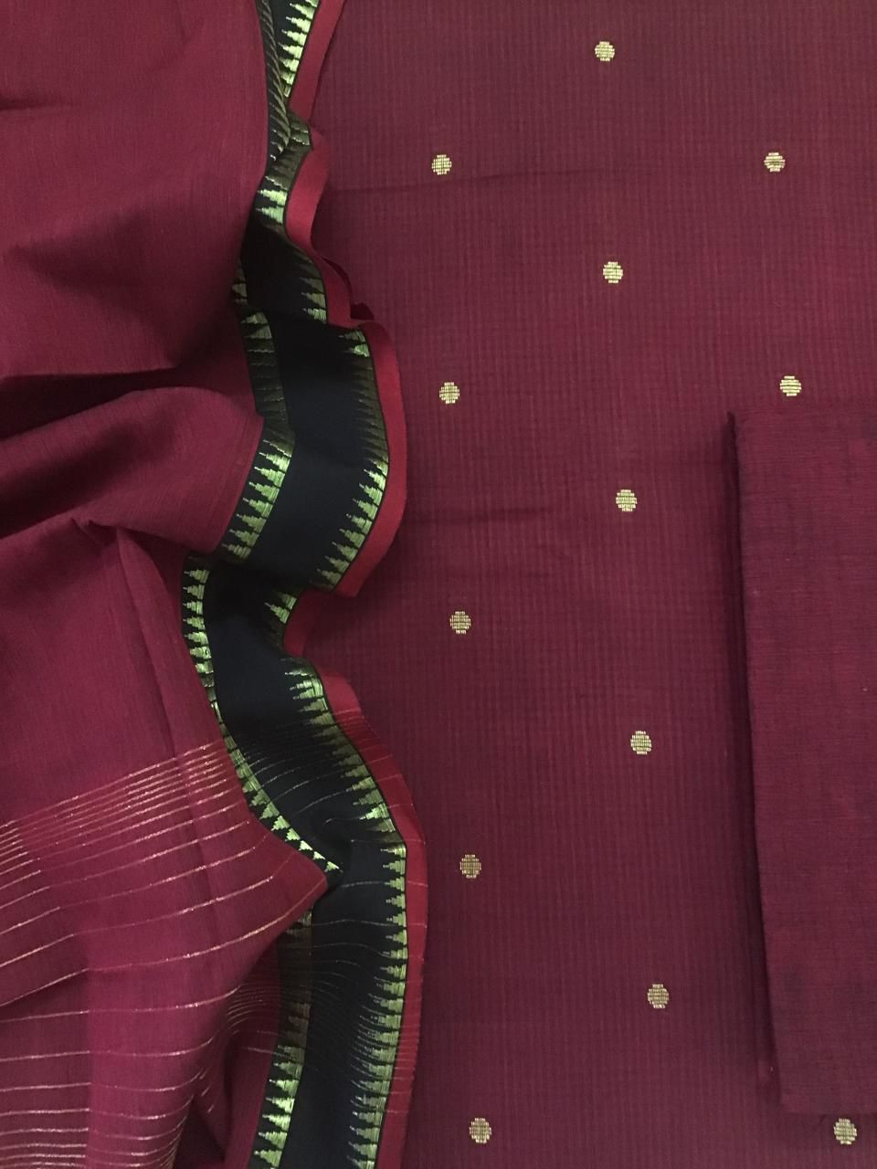 Pure Handloom Cotton Self Weaved Suit - Maroon