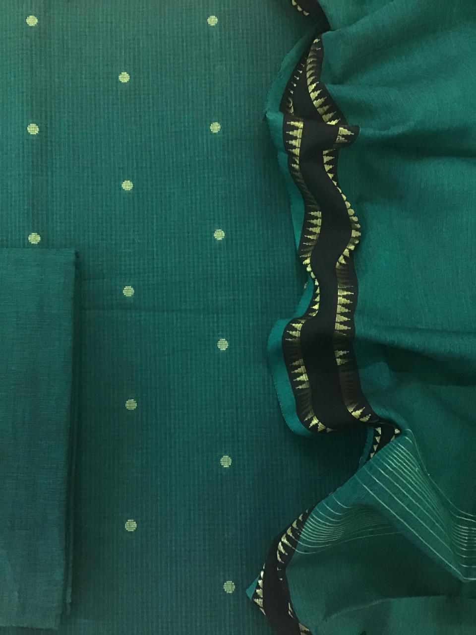 Pure Handloom Cotton Self Weaved Suit - Green