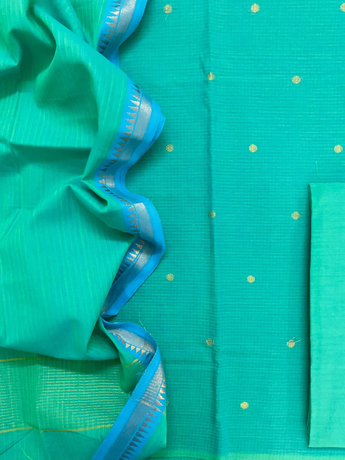 Pure Handloom Cotton Self Weaved Suit - Green