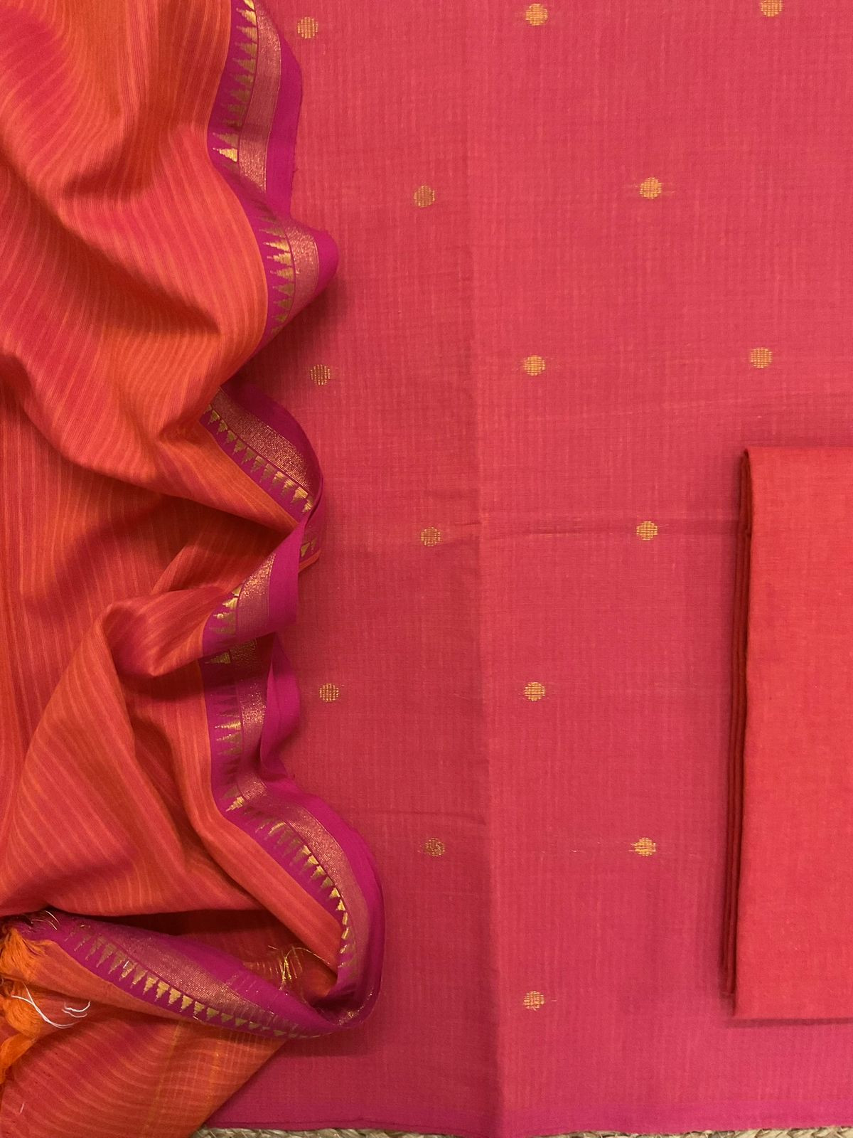 Pure Handloom Cotton Self Weaved Suit - Peachish Pink