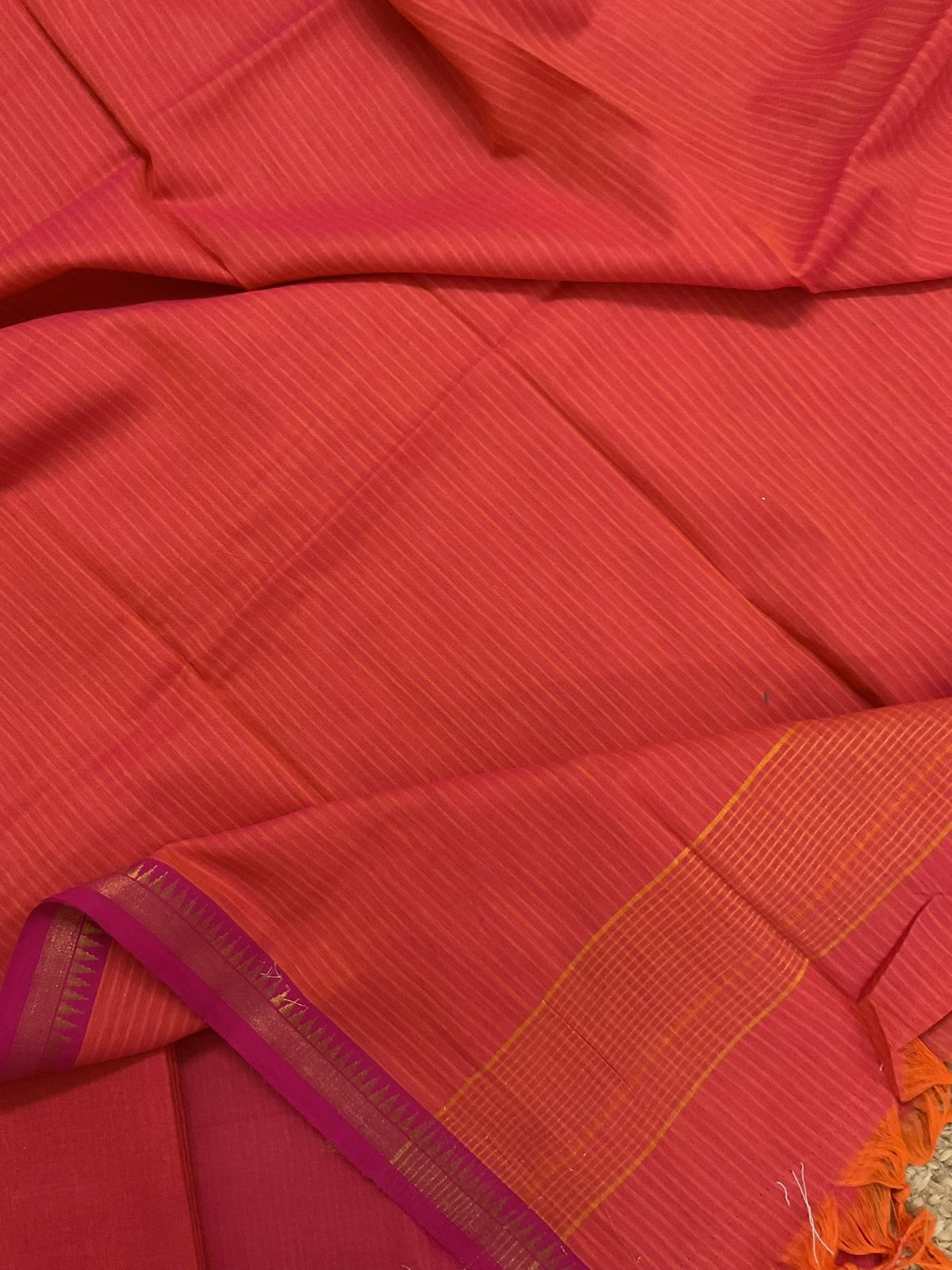 Pure Handloom Cotton Self Weaved Suit - Peachish Pink