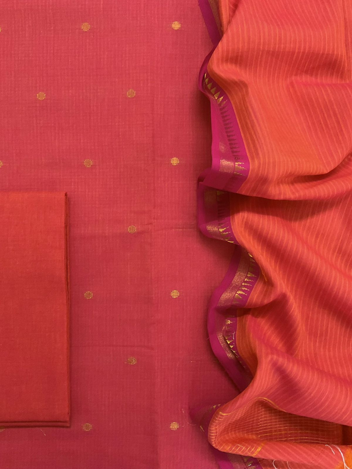 Pure Handloom Cotton Self Weaved Suit - Peachish Pink