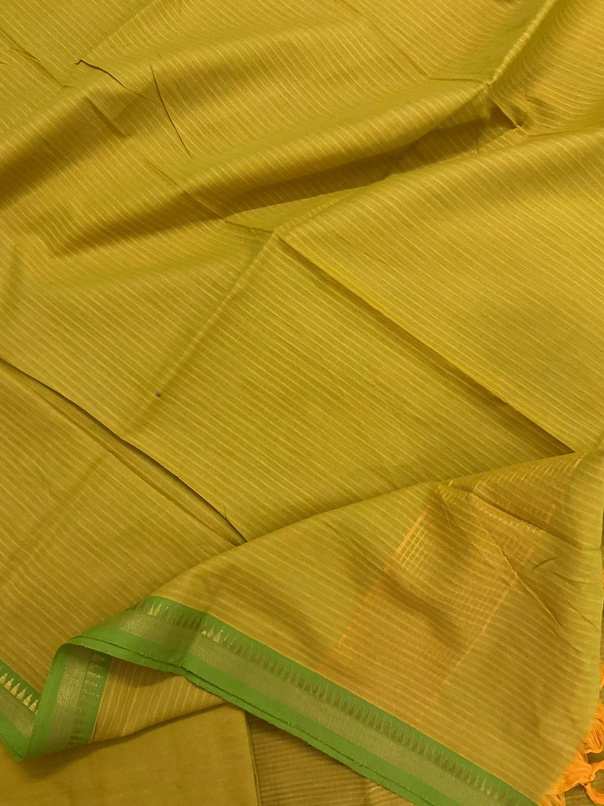 Pure Handloom Cotton Self Weaved Suit - Yellowish Green