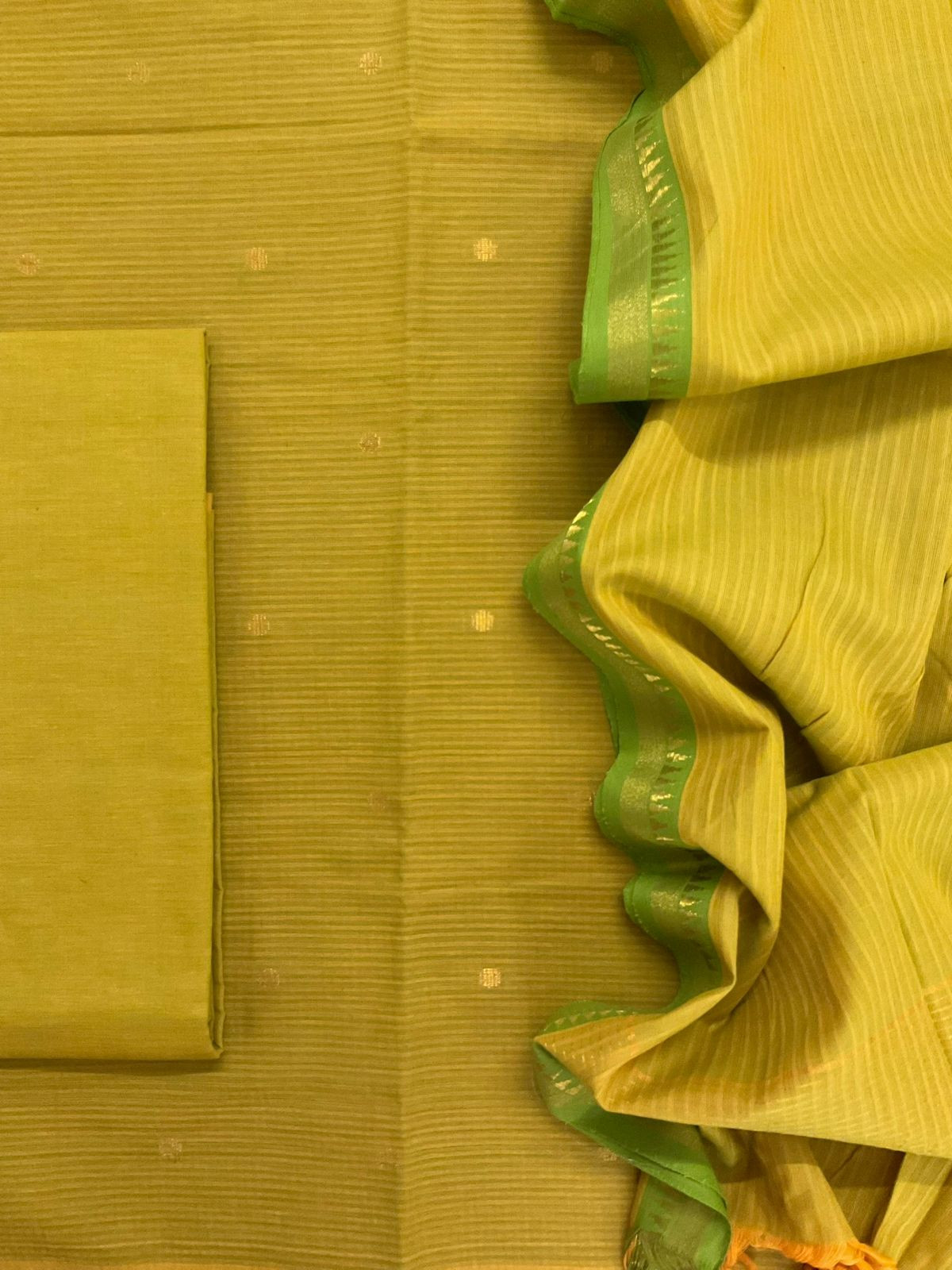 Pure Handloom Cotton Self Weaved Suit - Yellowish Green