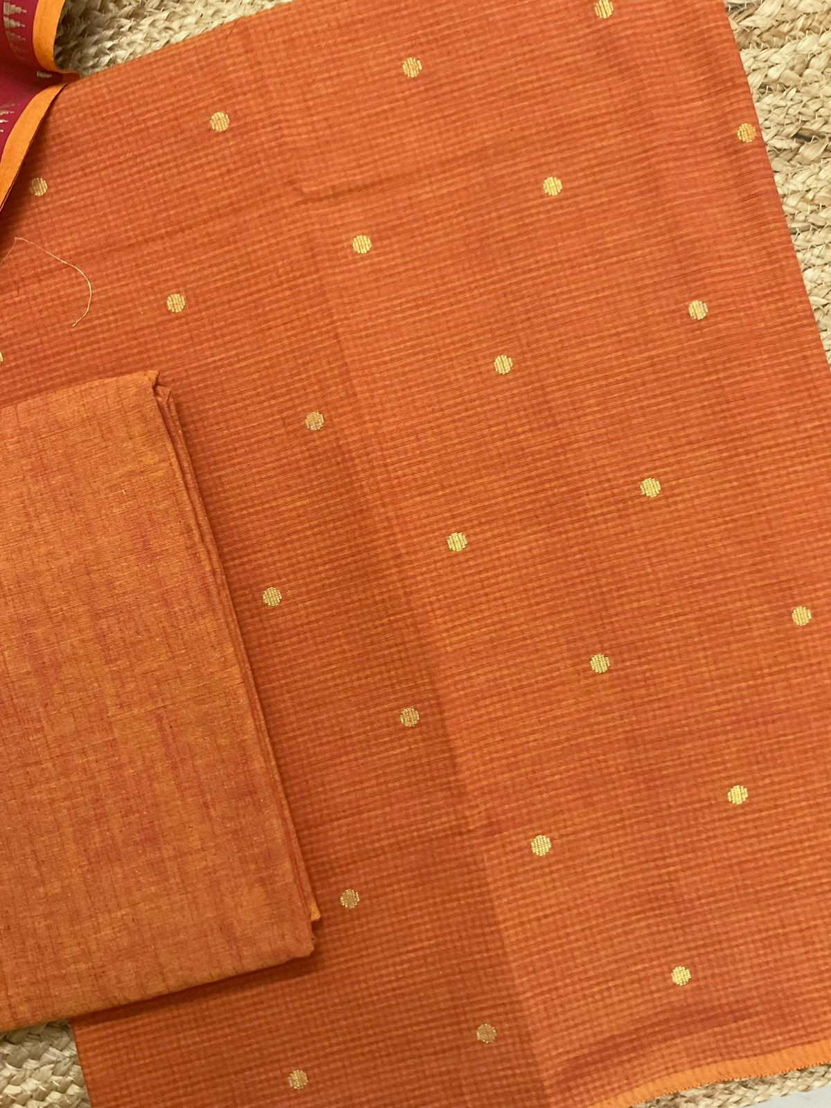 Pure Handloom Cotton Self Weaved Suit - Orange