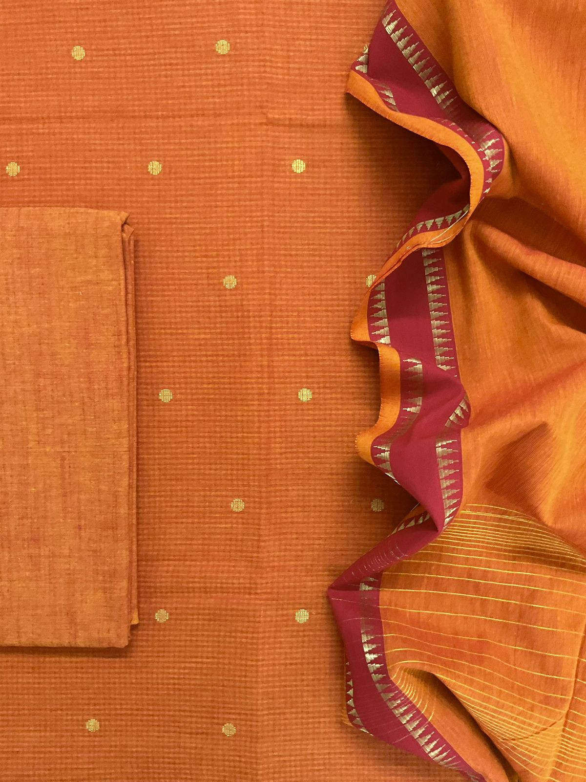 Pure Handloom Cotton Self Weaved Suit - Orange