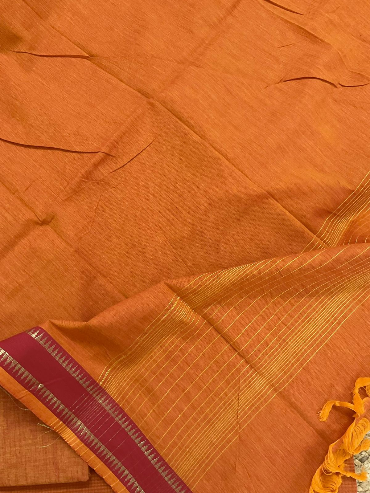 Pure Handloom Cotton Self Weaved Suit - Orange